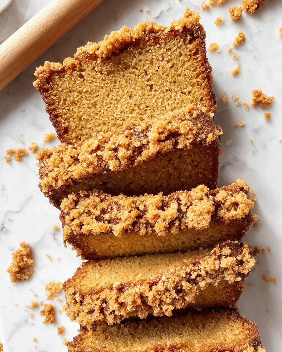 The image shows four rectangular slices of a golden brown cake with a crumbly, textured topping mostly along the edges. The cake slices lie in a slightly overlapping line on a white marbled surface with small crumbs scattered around. The top layer of each slice is smooth and slightly darker, while the crumbly topping is lighter beige and rough in texture. The cake looks moist and soft with tiny air holes visible inside. In the upper left corner, a light wooden rolling pin is partially visible. Photo taken with an iphone --ar 4:5 --v 7