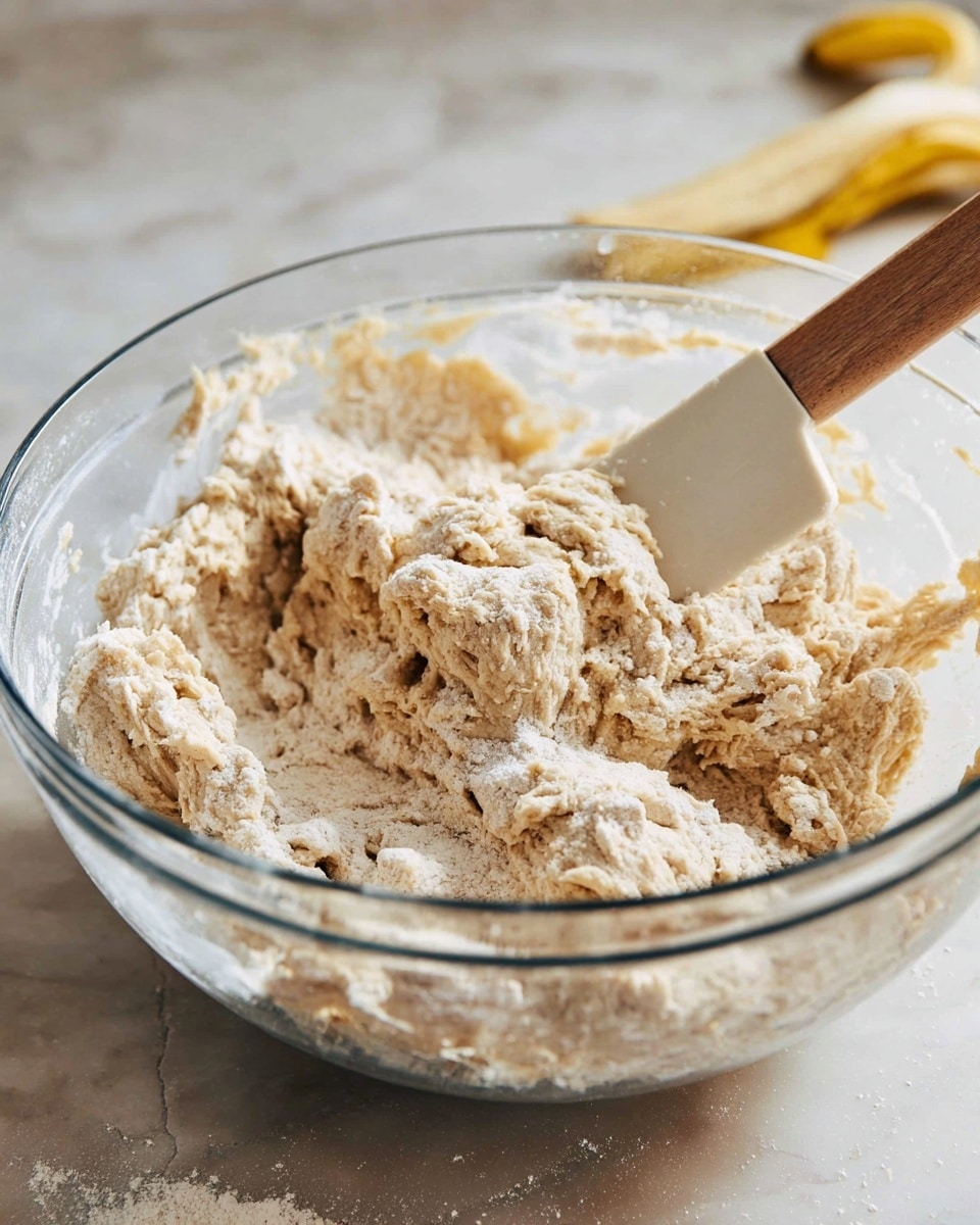 A large clear glass bowl holds a thick, rough dough mixture in light beige color with powdery white flour lightly dusted on top. A white spatula with a wooden handle rests inside the bowl, partially covered with the dough, positioned on the right side. The bowl sits on a white marbled surface, and in the background, there is a blurred light brown-banana peel. The scene has soft, natural lighting and a clean, simple look. photo taken with an iphone --ar 4:5 --v 7