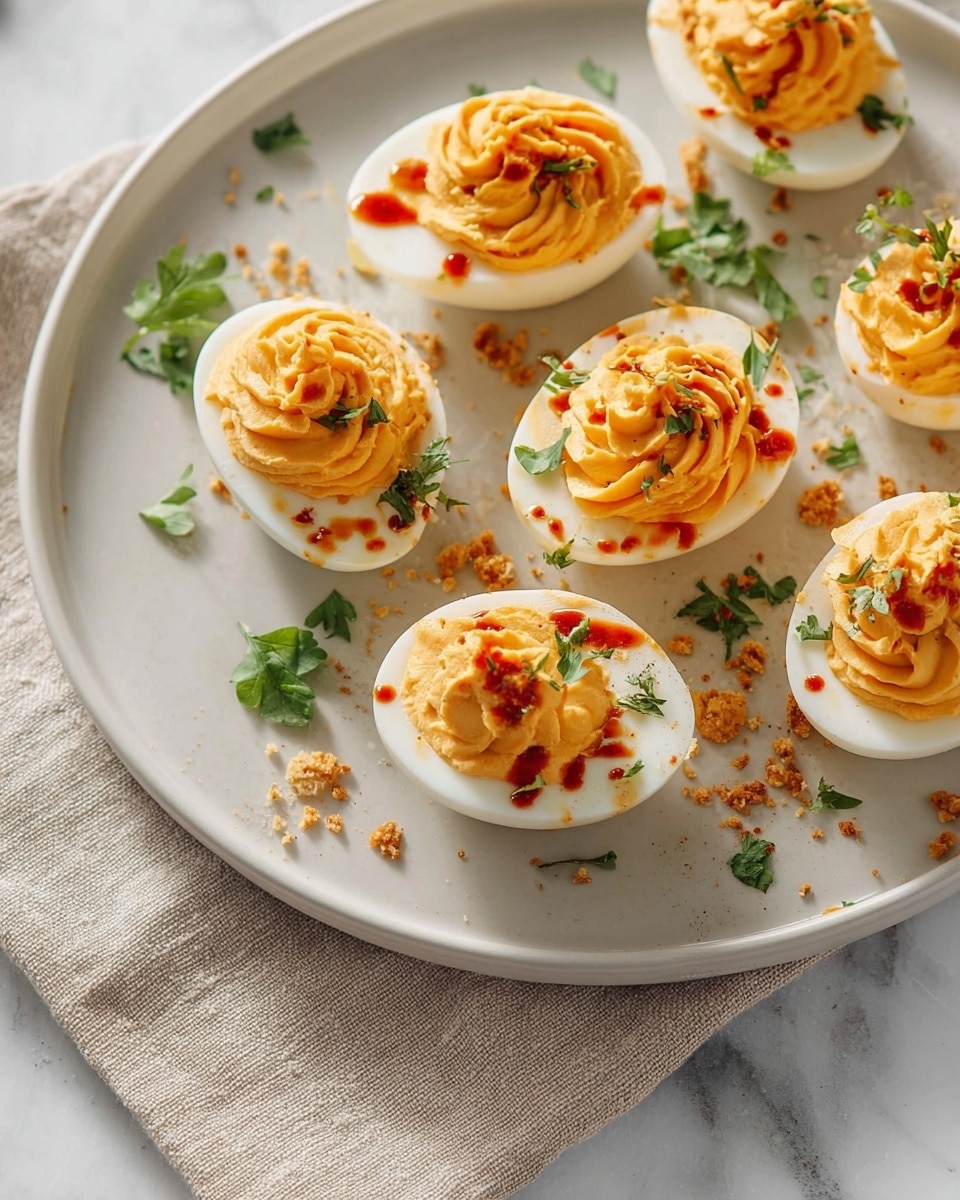 A white round plate holds six halved boiled eggs, each topped with a creamy, orange-colored filling that has a smooth yet slightly textured swirl. Some eggs have an extra layer of dark red chili sauce drizzled on top, along with small crunchy bits scattered around. Bright green parsley leaves are used as a garnish on and around the eggs. The plate is placed on a beige cloth on a white marbled surface. The photo is taken with an iphone --ar 4:5 --v 7