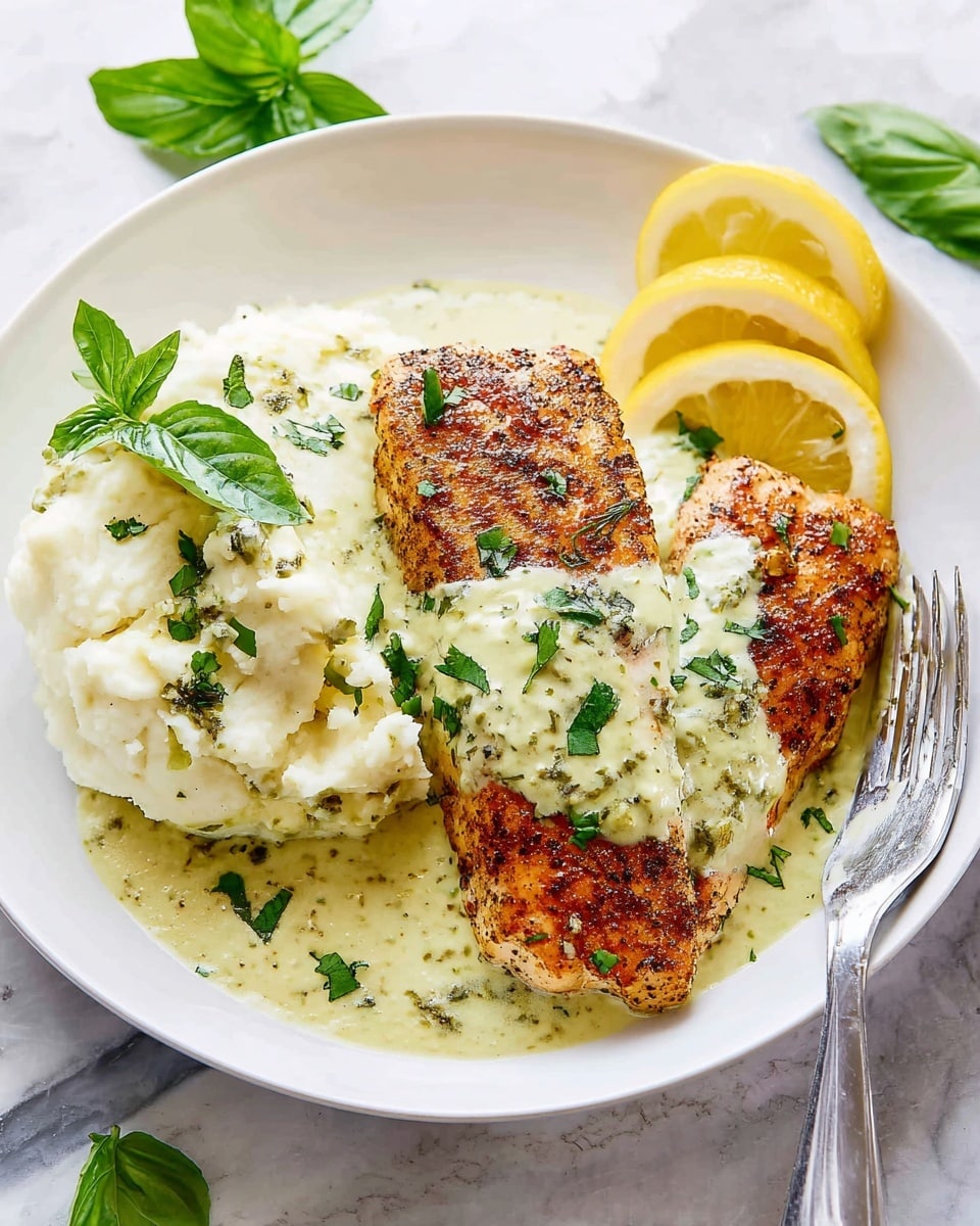 The dish shows two pieces of browned, seasoned fish fillets placed side by side on the left side of a white plate. They are covered with a light greenish creamy sauce with visible chopped herbs like parsley and small fresh basil leaves scattered on top. On the right side of the plate, there is a large scoop of white mashed potatoes topped with the same herb sauce and garnished with more fresh basil leaves. Two lemon wedges sit near the mashed potatoes, adding a pop of bright yellow. The plate rests on a white marbled surface, with some fresh basil leaves scattered around. A fork is placed at the bottom right edge of the plate. photo taken with an iphone --ar 4:5 --v 7