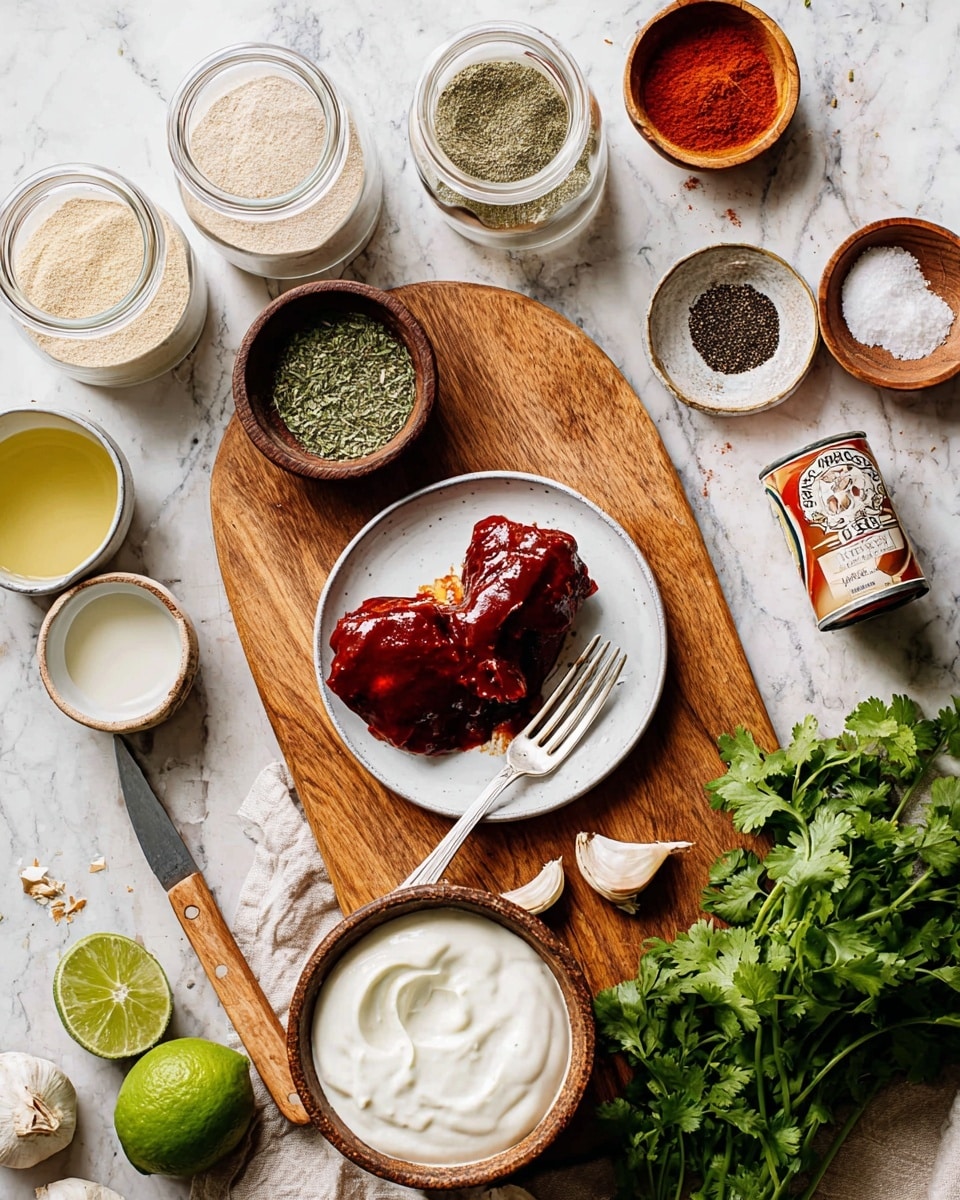 A wooden board sits on a white marbled surface with several small bowls and ingredients arranged on it. In the center, there is a white plate holding two dark red sauce-covered pieces, with a white fork resting on the plate. Above the plate are a small white bowl with green dried herbs and a wooden bowl filled with black pepper. On the top left side, two glass jars with beige powder and a small brown bowl with red powder are placed. A white small cup with light yellow liquid is on the bottom left. Two green limes, with one squeezed half and a knife with a wooden handle lie near the bottom left corner, along with garlic cloves and a small brown bowl holding chopped garlic. At the bottom right, there is a brown bowl filled with white sour cream or yogurt, next to a bunch of fresh green cilantro. Nearby, there is an opened tomato paste can with a tomato paste-covered spoon resting on its edge. Photo taken with an iphone --ar 4:5 --v 7