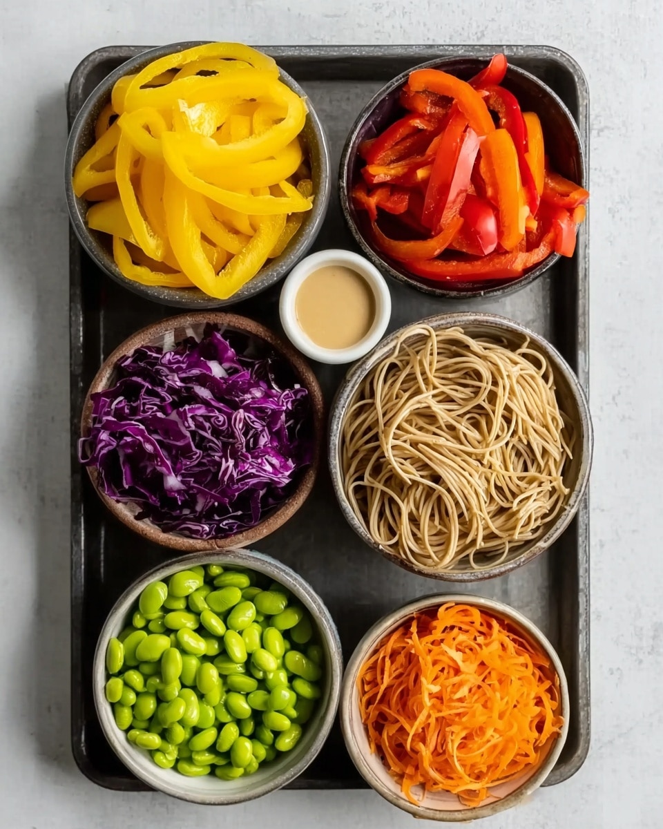 A square dark tray holds six round bowls and one small white sauce cup, all placed on a white marbled surface. The top left bowl contains bright yellow sliced bell peppers with smooth, slightly shiny texture. To the right, a bowl is filled with thin, vibrant orange-red sliced bell peppers, also smooth and juicy-looking. Next to it, a small white sauce cup with beige creamy sauce sits on the tray. Below the yellow peppers, there is a bowl of bright green edamame beans, smooth and round. At the center right, a bowl with light brown cooked noodles fills the space with a tangled, soft texture. On the bottom left, there is a bowl of shredded purple cabbage with rich color and a crisp look. The last bowl on the bottom right contains bright orange shredded carrots with a fresh, slightly rough texture. Photo taken with an iphone --ar 4:5 --v 7