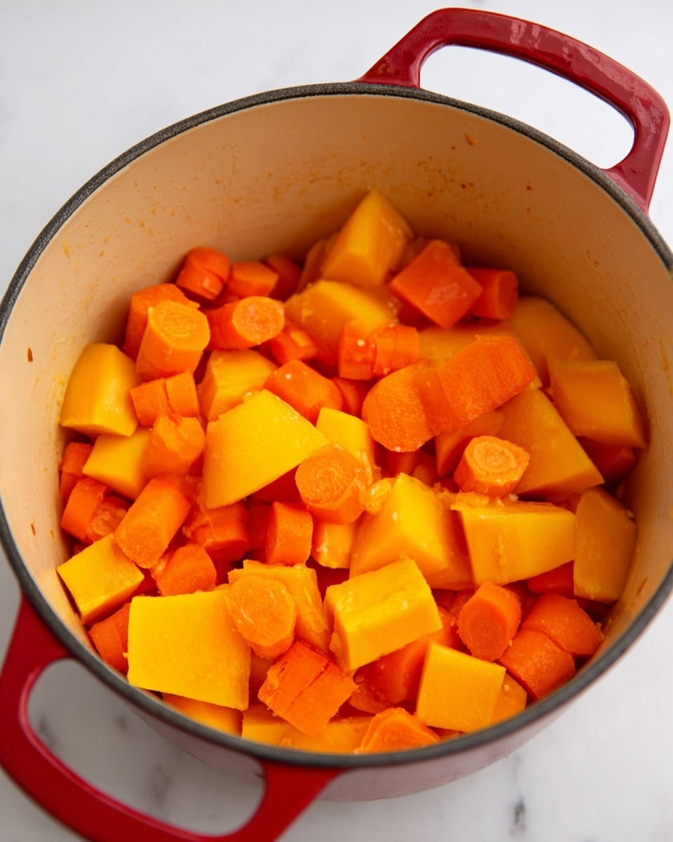 A close-up view inside a red pot shows many small chunks of orange vegetables, mostly butternut squash and carrot pieces, filling the pot up to about three-quarters. The squash pieces are larger, smooth, and bright orange, while the carrot pieces are smaller, round, and a slightly deeper orange. The pot’s interior is cream-colored with some light marks, and the image is set on a white marbled surface. Photo taken with an iphone --ar 4:5 --v 7