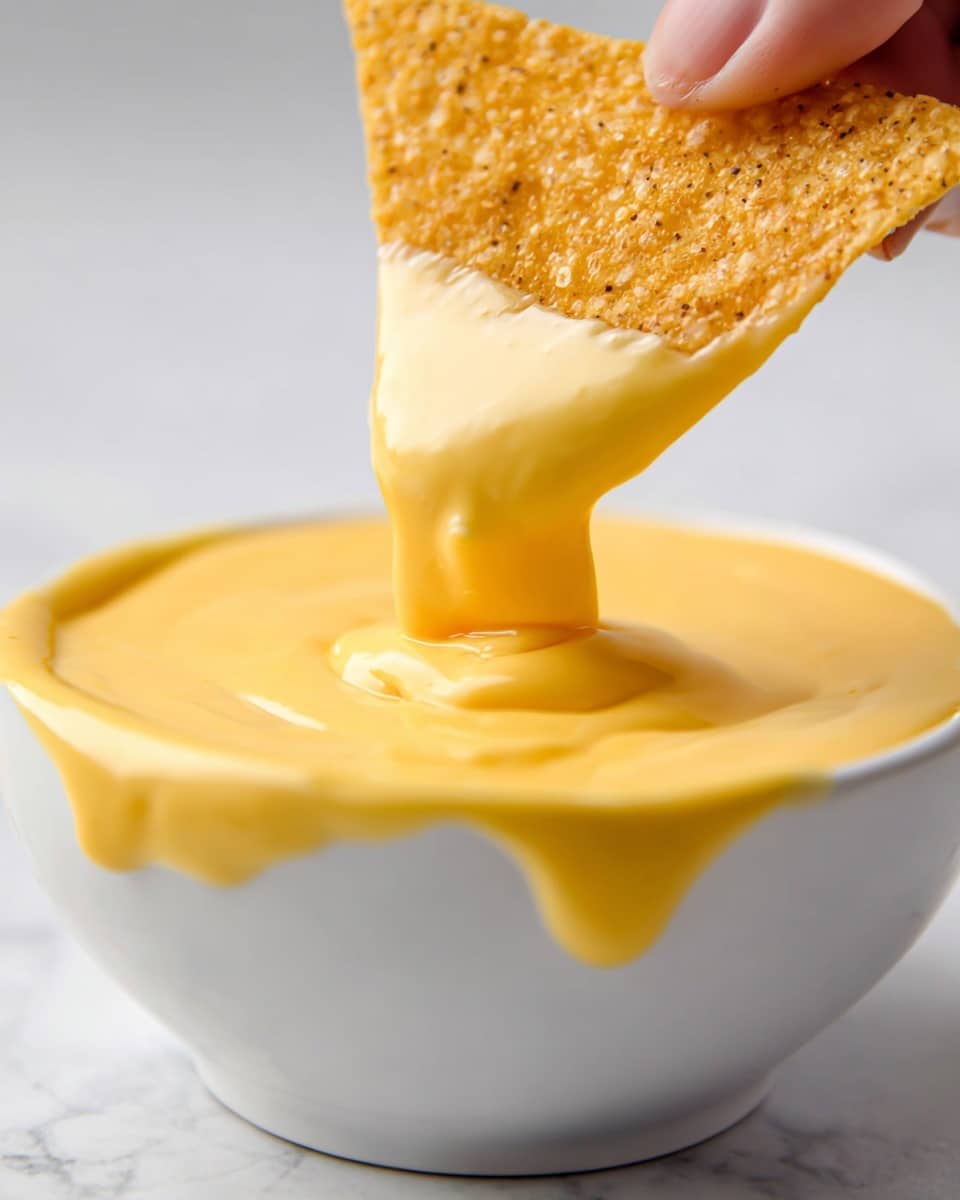 A white bowl with a thick layer of smooth and creamy yellow cheese sauce fills it almost to the top, with a triangular rice snack held by a woman's hand dipping into the sauce, showing a textured crispy layer on one side and the other side coated with the rich glossy sauce, with the sauce dripping slightly off the corner, placed on a white marbled surface photo taken with an iphone --ar 4:5 --v 7
