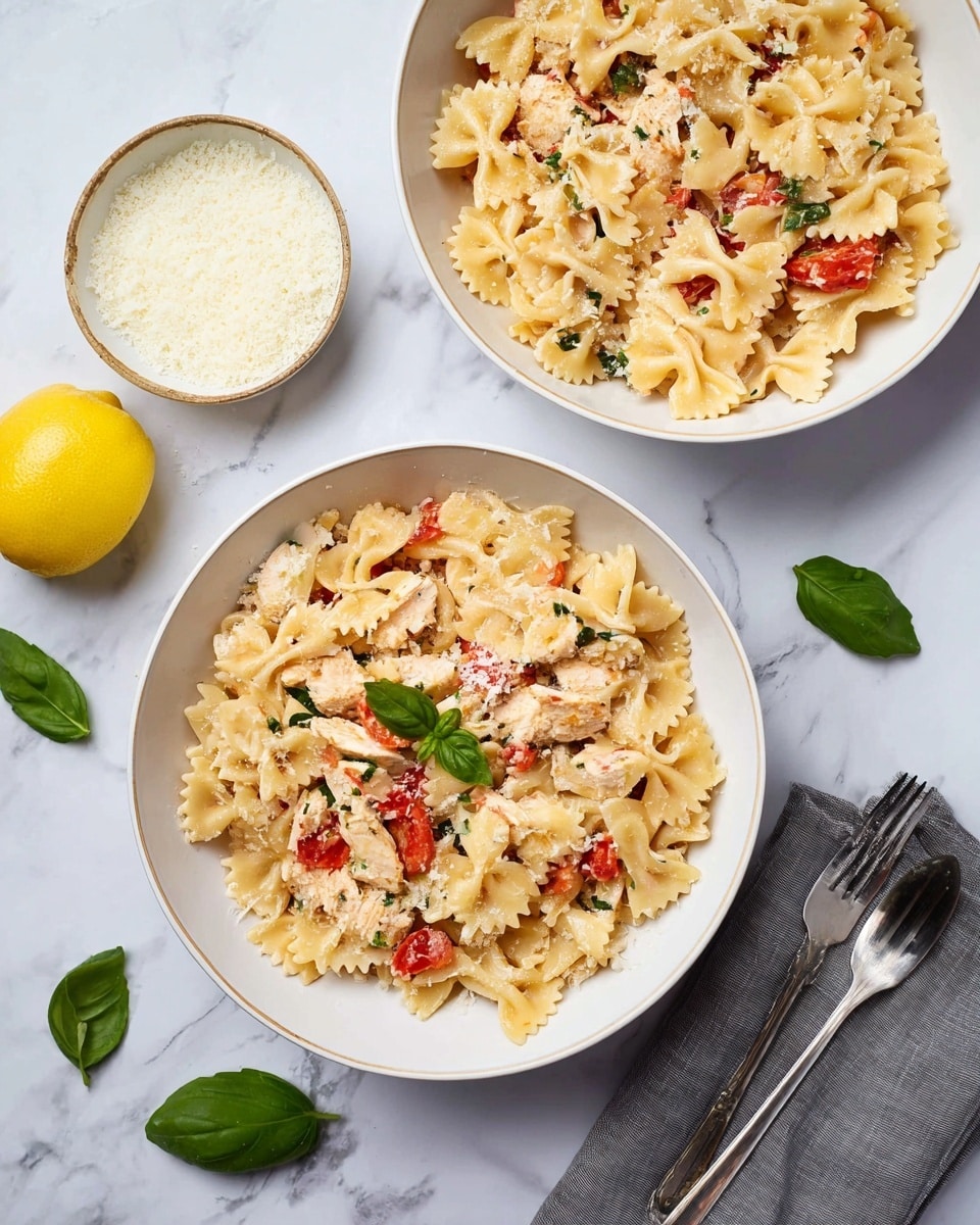 The image shows two white bowls filled with bow-tie pasta mixed with pieces of cooked white chicken, chopped red tomatoes, and green herbs, all lightly coated with a creamy sauce and sprinkled with grated parmesan cheese on top. To the left of the bowls is a small white bowl filled with more grated parmesan cheese, with a half lemon above it. The dishes sit on a white marbled surface, decorated with a few green basil leaves around the bowls. To the right of the bottom bowl, there are two silver forks resting on a folded gray cloth napkin. Photo taken with an iphone --ar 4:5 --v 7
