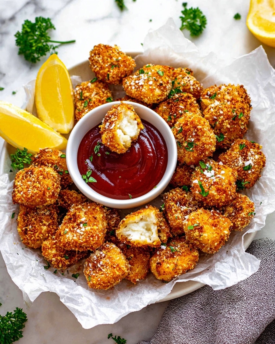 The image shows a white plate with a layer of white parchment paper holding many golden-brown, crispy, breaded nuggets sprinkled with small green herb pieces and coarse salt. Two of the nuggets are open, showing a soft white inside. There are two bright yellow lemon wedges placed on the plate, one leaning against the nuggets and the other nearby. Near the bottom center of the plate, a white bowl filled with smooth, dark red ketchup sits on the parchment paper. The plate rests on a white marbled surface, with some green parsley leaves scattered around and a gray cloth partially visible on the right side. Photo taken with an iphone --ar 4:5 --v 7