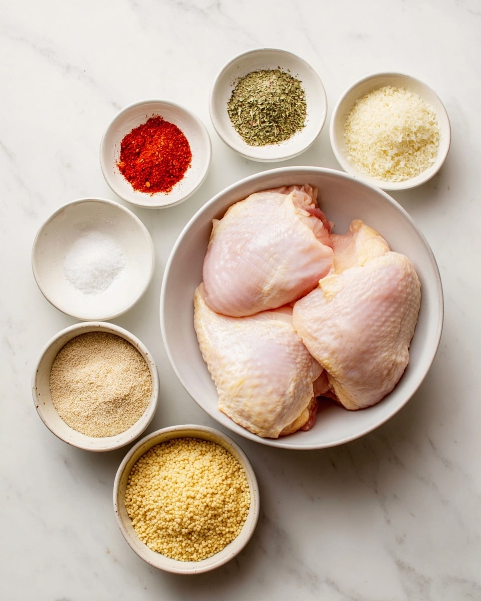 Two raw light pink chicken pieces are in a white bowl placed at the center on a white marbled surface. Surrounding the bowl, there are six small bowls arranged in a circular pattern: to the left, a white dish with bright red powder, a white dish with green dried herbs, and a small white bowl with white salt; below the chicken bowl, a white dish with light brown powder and a white bowl filled with fine white crushed crumbs; to the right, a white bowl with golden-yellow mustard and another white bowl with beige breadcrumbs. The bowls are neat and the ingredients are clearly visible. Photo taken with an iphone --ar 4:5 --v 7