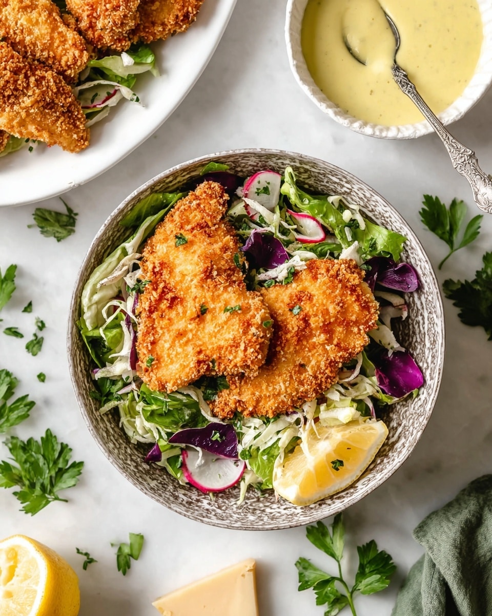 Two golden brown, crispy breaded pieces of chicken sit on top of a bed of mixed green and purple leafy salad inside a white bowl with a textured grayish pattern. The salad has some sliced radishes and shredded cabbage mixed in. Two small lemon wedges rest on the right side of the bowl. Nearby on the white marbled surface are a small piece of pale yellow cheese and a small white bowl of creamy yellow sauce with a silver spoon. A white plate with more crispy chicken pieces and a few green herb leaves is partially visible on the top left corner. Some fresh green parsley leaves are scattered around, and a half lemon is shown at the bottom left. Photo taken with an iphone --ar 4:5 --v 7