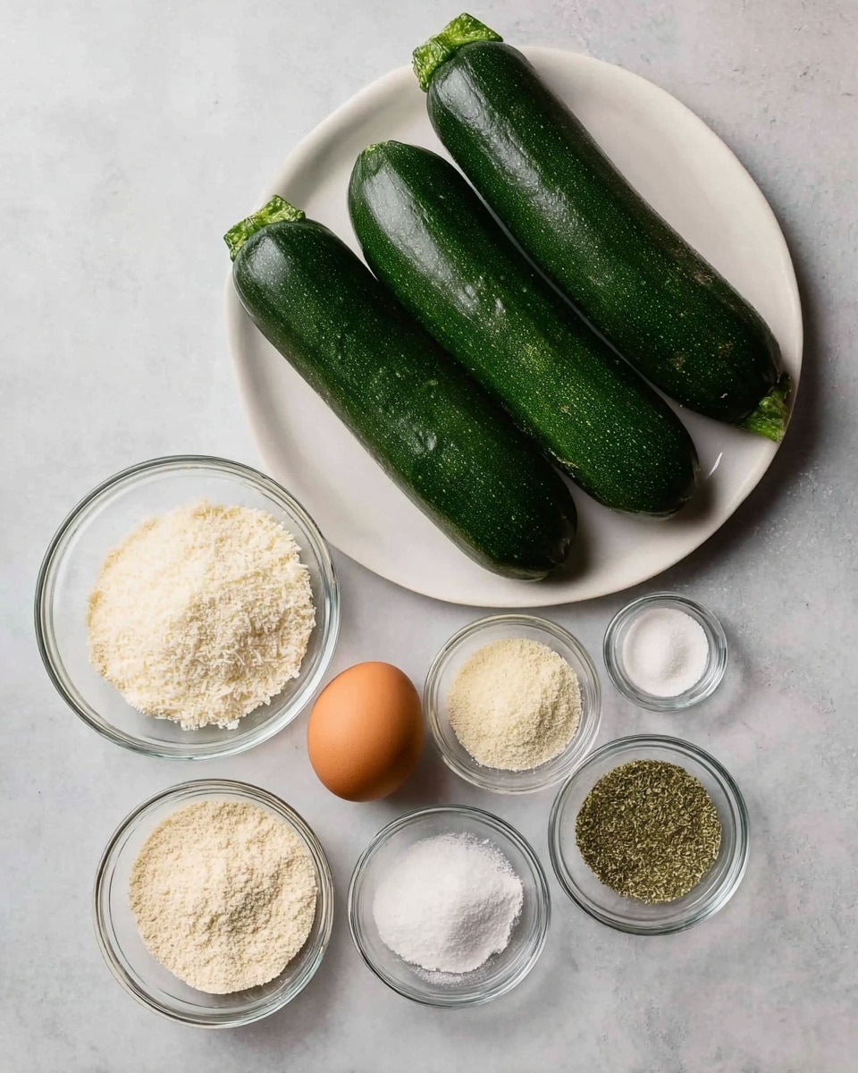 The image shows a white plate near the top with three whole dark green zucchinis arranged side by side. Below the plate on a white marbled surface, there are seven small clear glass bowls and one small clear glass cup arranged in a loose cluster. The bowls contain white grated cheese, light beige breadcrumbs, fine white flour, small white salt grains, pale yellow garlic powder, and dried green herbs. The small glass cup holds a large brown egg. All the items are evenly spaced on the white marbled background. photo taken with an iphone --ar 4:5 --v 7