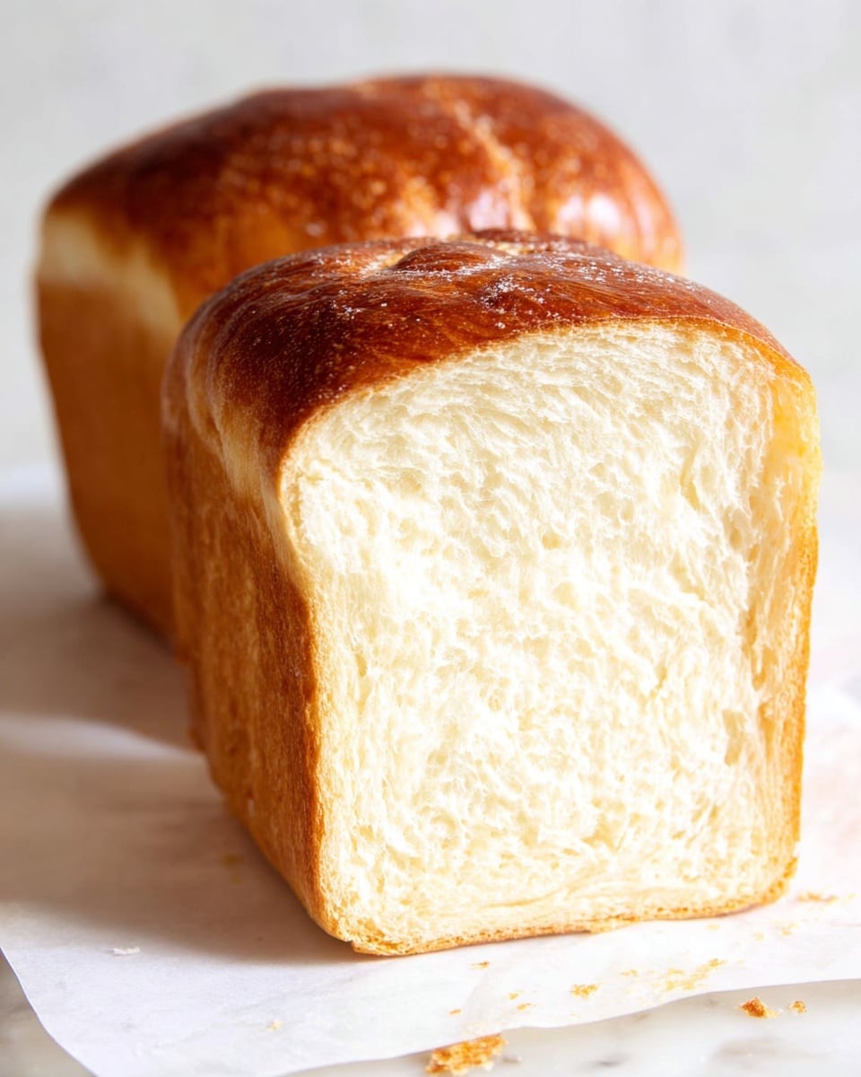 A close-up of a thick slice of soft, fluffy white bread positioned upright in front of a full loaf of the same bread. The bread has a golden brown crust on top that looks slightly shiny and textured, with the soft, airy white inside visible and light in color. The loaf rests on white parchment paper with a few crumbs around it on a white marbled surface, and the background is clean and bright white. photo taken with an iphone --ar 4:5 --v 7
