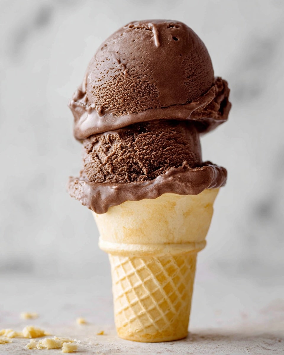 A close-up of a single ice cream cone with two scoops of dark brown chocolate ice cream stacked on top of each other. The ice cream has a smooth and creamy texture with small air holes, and it slightly drips over the edge of the top part of the cream. The cone is light beige with a grid pattern and smooth texture near the top. The background is a white marbled texture with a few small crumbs scattered near the base of the cone, photo taken with an iphone --ar 4:5 --v 7