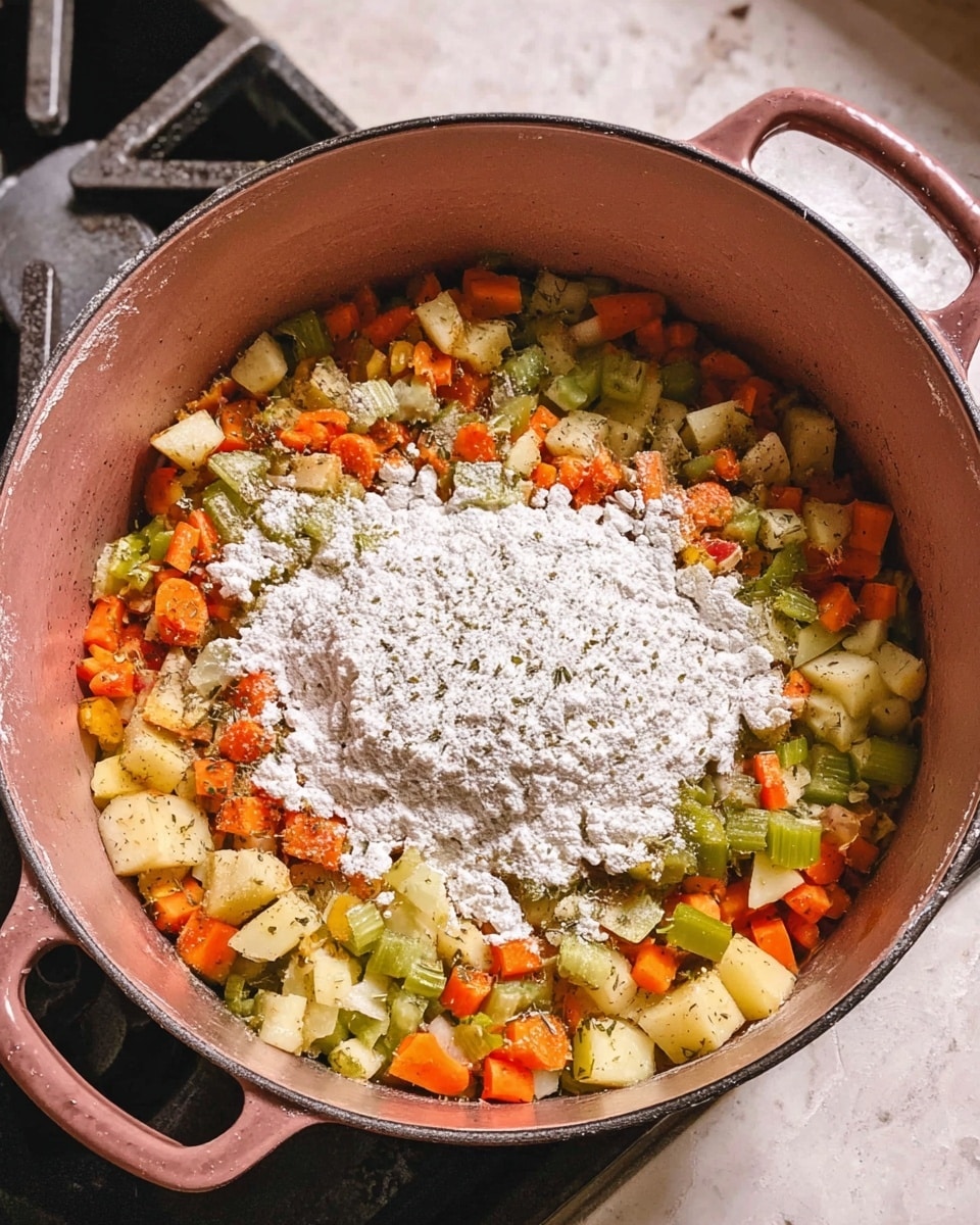 A large round pink pot filled with a colorful mix of chopped vegetables including orange carrot pieces, pale yellow potato cubes, and green celery slices seasoned with herbs, topped in the center with a mound of white flour. The pot has visible handles and is set on a kitchen stove, all against a white marbled textured surface. photo taken with an iphone --ar 4:5 --v 7