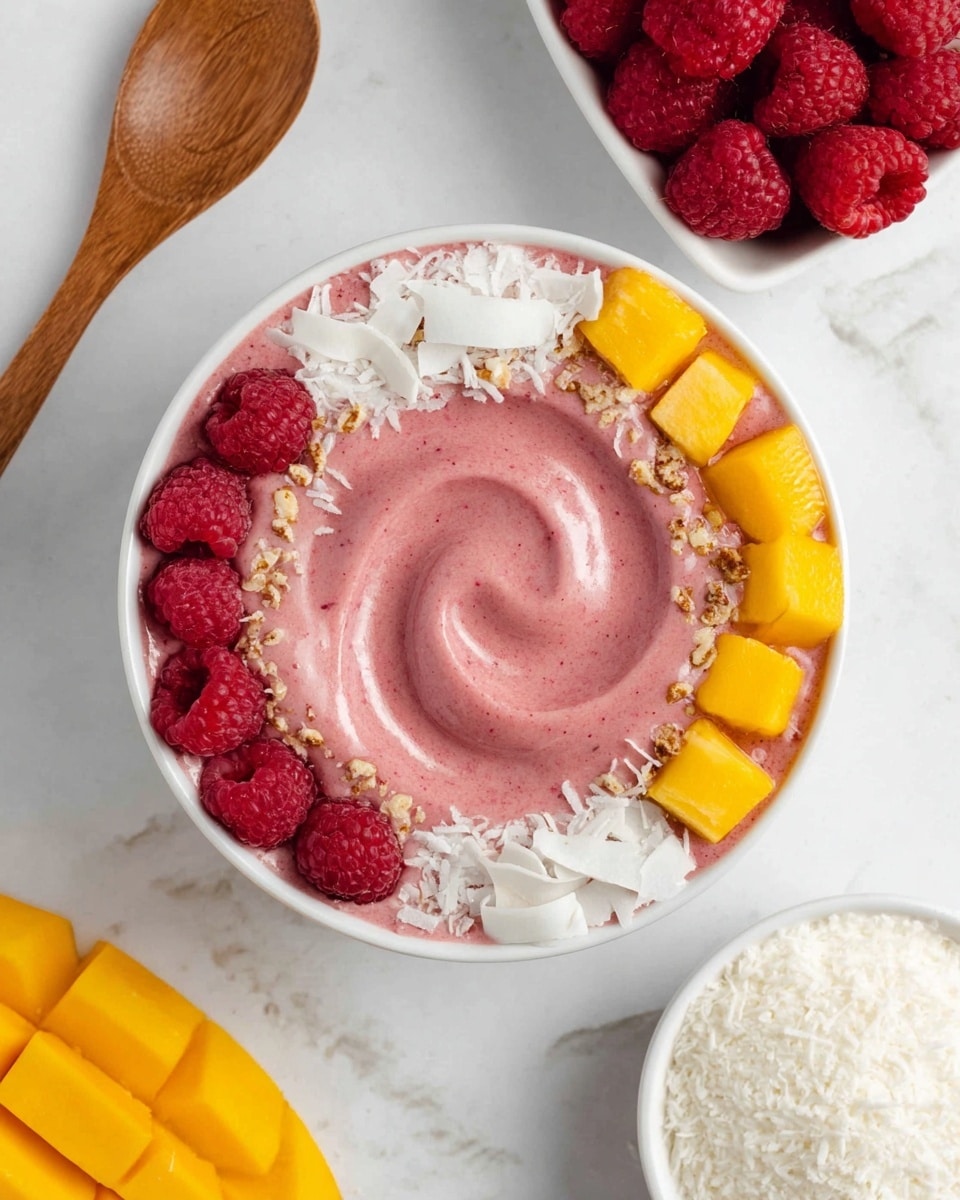 A white bowl filled with a thick pink smoothie that has a smooth swirl design in the center. On top, there are three layers of toppings arranged side by side around the edge: on the left are white coconut flakes with small brown bits sprinkled on them, in the middle are bright red raspberries, and on the right are small bright yellow mango cubes. The bowl is placed on a white marbled surface with a wooden spoon above it, a bowl of raspberries on the upper right, a bowl of coconut flakes on the lower right, and a sliced mango on the lower left. photo taken with an iphone --ar 4:5 --v 7