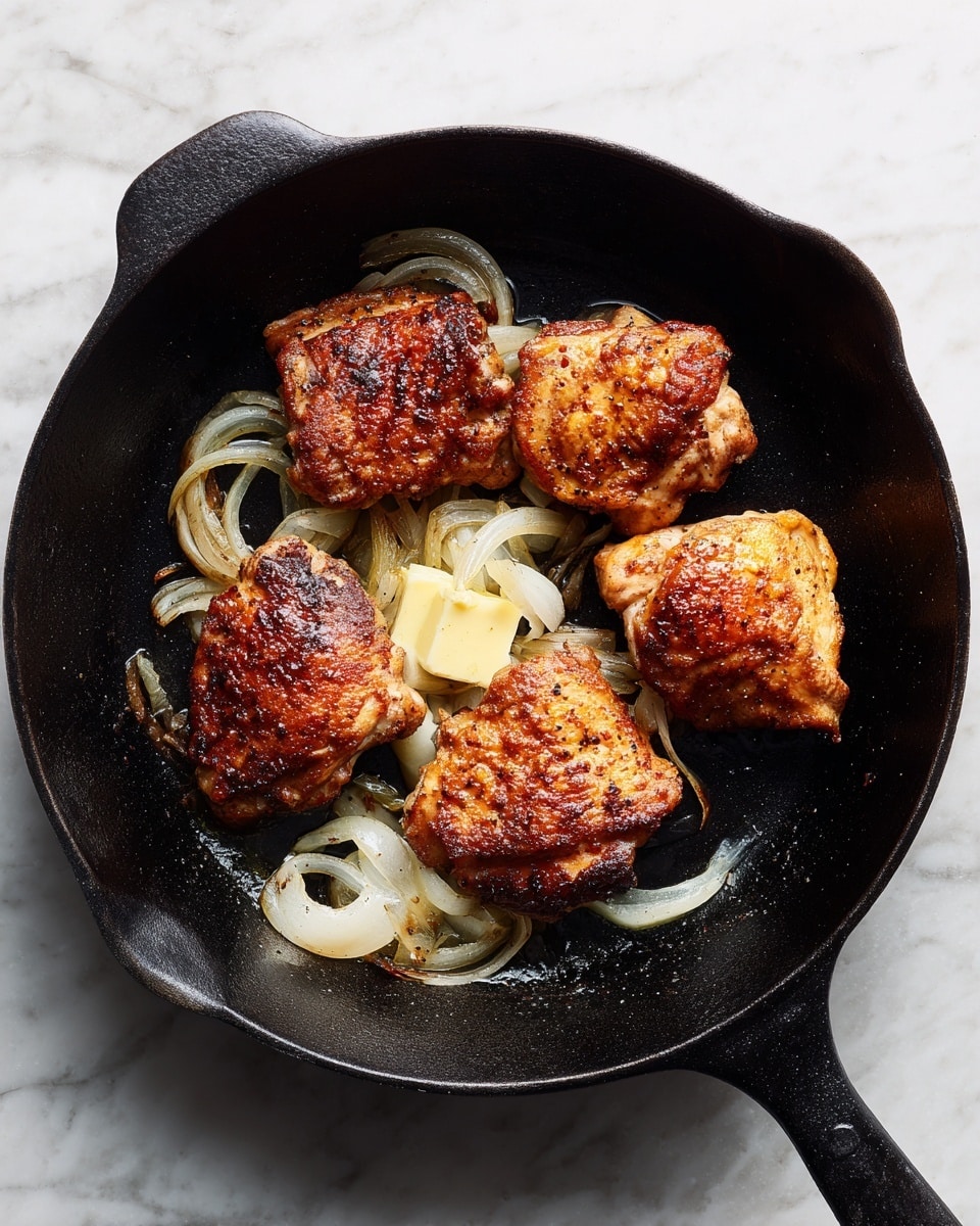 A cast iron pan rests on a white marbled surface, holding four pieces of cooked chicken with a golden-brown crust, arranged in a loose cluster with some space between them. The chicken pieces vary slightly in size and color, showing a nicely seared texture. In the next image, the same black cast iron pan contains a layer of sliced white onions placed unevenly over two squares of pale yellow butter, all gently melting together. The onion slices are translucent and curved, with some pieces overlapping. The white marbled background highlights the contrast of the pan and its contents. photo taken with an iphone --ar 4:5 --v 7