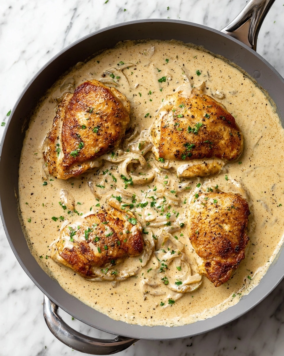 This image shows a gray pan filled with four golden brown chicken pieces in a creamy light beige sauce. The sauce is thick and has visible bits of cooked onions, scattered black pepper, and small green herb pieces sprinkled on top. The pan rests on a white marbled surface with some green herb bits around it, adding color contrast. The chicken pieces sit evenly spaced in the sauce, which covers most of them but leaves some browned tops visible. Photo taken with an iphone --ar 4:5 --v 7