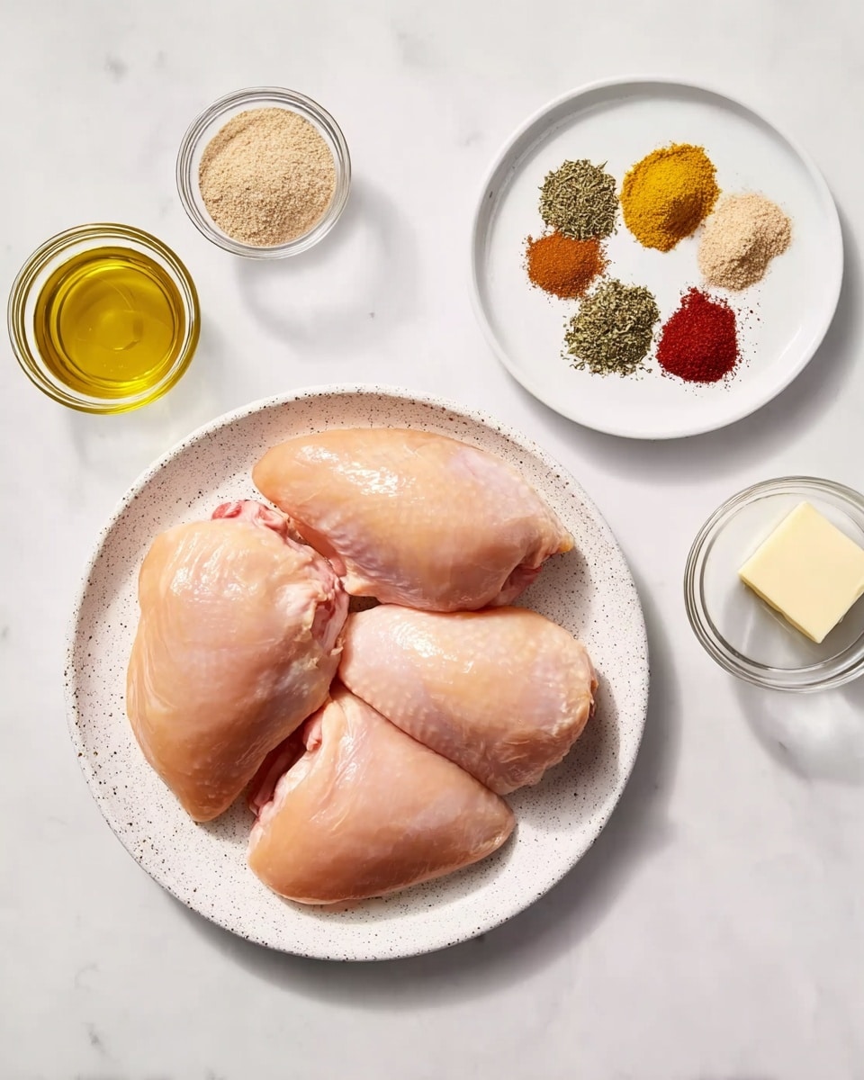 Five raw pieces of chicken placed on a white speckled plate in the center, each piece showing smooth, slightly shiny, pale pink skin. To the top right of the plate, a white plate holds six different colored spices arranged in small piles: beige, mustard yellow, bright red, green herbs, black, and white. To the right of the spice plate, a small clear glass container with a square stick of pale yellow butter and below it, another small clear glass bowl with golden olive oil. At the top left of the chicken plate, a small glass container with a light brown powder. All items set on a white marbled surface. photo taken with an iphone --ar 4:5 --v 7