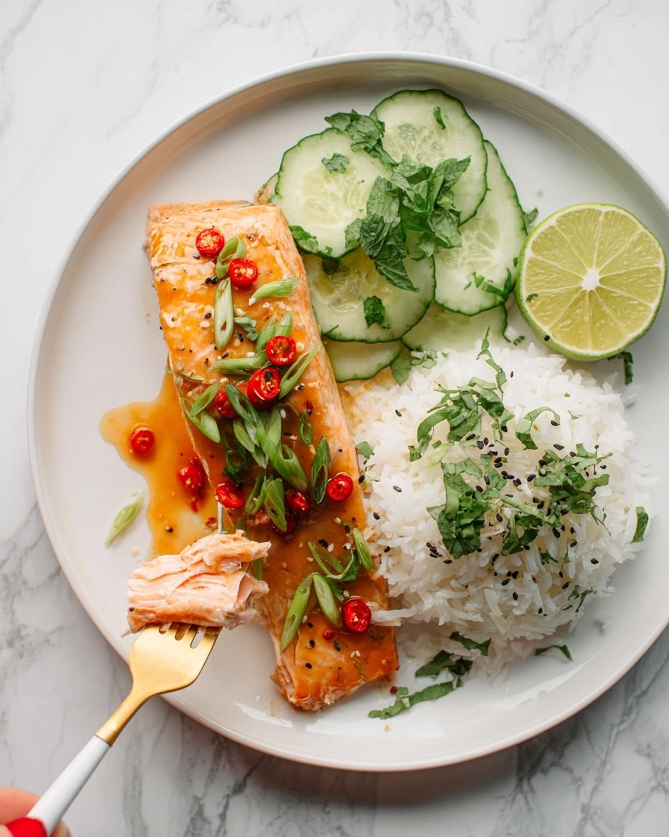 A white plate on a white marbled surface holds a meal with three main parts. On the left, there is a piece of cooked salmon covered in a shiny orange sauce with red chili pieces and green onion slices on top, and a woman's hand holds a gold and white fork breaking off a piece of the salmon. In the middle, there is a mound of white rice sprinkled with fresh green chopped herbs and black seeds. On the right, there are thin slices of cucumber topped with more green chopped onion, and next to them is a wedge of lime. Photo taken with an iphone --ar 4:5 --v 7
