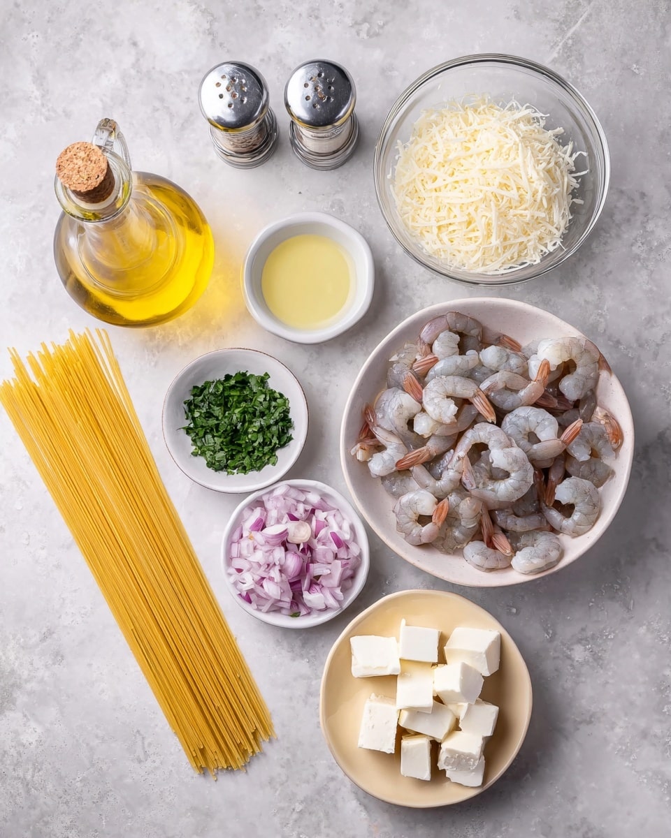 A white bowl filled with raw gray shrimp sits near the right side of the image. Below it are two small white plates, one holding finely chopped green herbs and the other with diced light purple shallots. To the left of these is a small white bowl with light yellow liquid, placed next to a small stone bowl containing minced garlic. Above the garlic is a small white bowl with coarse, pale yellow grated cheese, and further up is a larger clear glass bowl filled with shredded white cheese. A tall glass bottle of golden olive oil with a cork stopper is situated on the upper left, near salt and pepper shakers with silver tops. Spaghetti strands fanned out lengthwise span the center of the image on a white marbled surface. Below the spaghetti, on the bottom left, is a beige plate holding several cubes of white cream cheese. Photo taken with an iphone --ar 4:5 --v 7