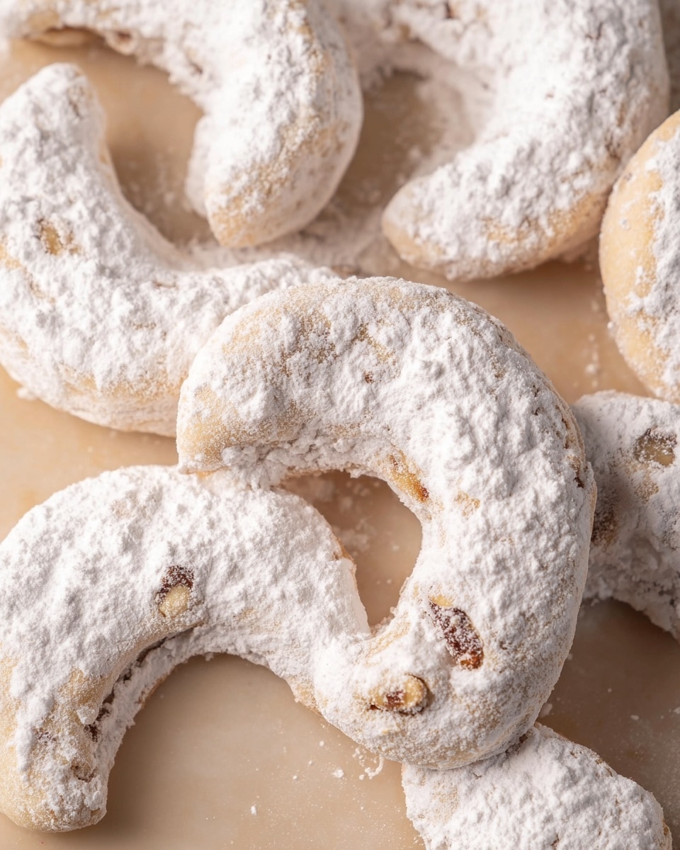 The image shows several crescent-shaped cookies covered in a thick layer of white powdered sugar. The cookies have a pale golden color underneath the sugar with some slightly darker spots that show nuts or other small ingredients inside. They are arranged close together on a smooth surface with a soft beige color. The texture of the cookies looks crumbly and soft under the coating of powdered sugar. Photo taken with an iphone --ar 4:5 --v 7
