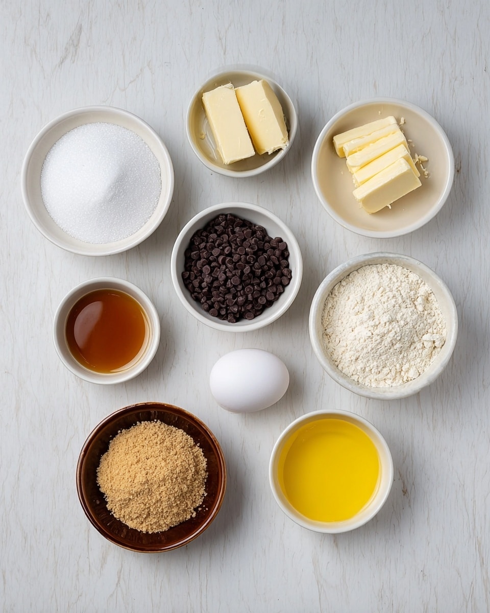 The image shows a flat lay of nine small white bowls and one white egg arranged on a white marbled surface. Starting from top left, there is a white bowl filled with white granulated sugar, next to it a bowl with pale yellow butter slices, then a bowl with white flour, and a bowl filled with dark brown chocolate chips. Below, there is a small bowl of amber vanilla extract, beside it a bowl with bright yellow melted butter, and then a bowl that looks like light brown sugar or graham cracker crumbs. A shiny brown bowl at the bottom left holds a larger amount of fine light brown crumbs. The white egg is placed in the middle of this setup alongside all the bowls. Photo taken with an iphone --ar 4:5 --v 7