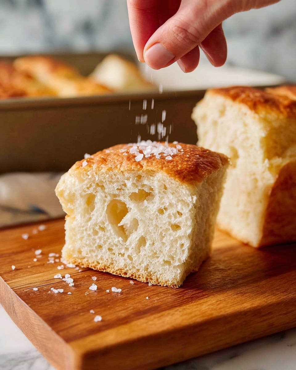 This image shows two thick pieces of soft, white bread with a golden crust on top resting on a wooden cutting board. One piece is standing upright while the other lies flat, showing a light airy texture with many small holes inside. A woman's hand is sprinkling coarse salt crystals over the upright piece, some of which are falling onto the board. The background features a blurred oven pan with similar bread inside, all set against a white marbled surface. photo taken with an iphone --ar 4:5 --v 7