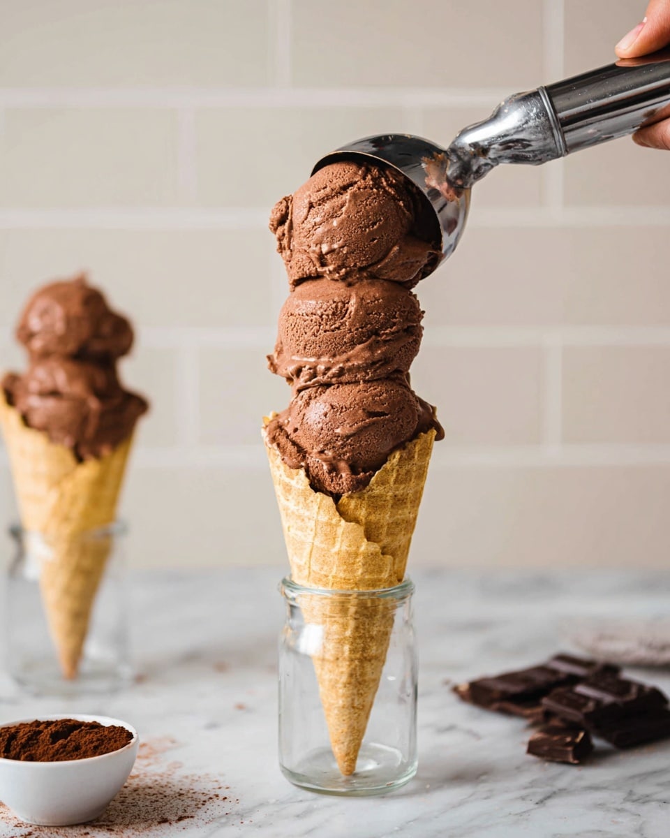 A close-up of a single ice cream cone with three scoops of rich brown chocolate ice cream stacked high, held by a silver metal ice cream scooper with a woman's hand gripping the handle on the right side. The waffle cone is pale golden with a crisp texture and rests upside down inside a small clear glass bottle on a white marbled surface. In the background, there is a second single scoop of chocolate ice cream on a similar waffle cone inside a clear glass bottle, out of focus. Pieces of dark chocolate and a small white bowl filled with brown cocoa powder are scattered in the foreground on the white marbled surface. The wall behind is light beige with a subtle tile pattern. photo taken with an iphone --ar 4:5 --v 7