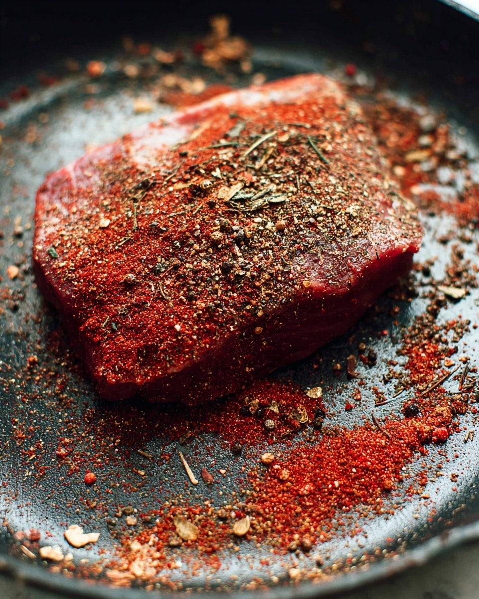 A thick piece of raw meat sits in the middle of a black pan, covered with a mix of coarse spices. The meat shows two main layers: the bottom layer is a dark red color, while the top layer is densely sprinkled with a mix of red powder, dried herbs, and brownish granules. Around the meat, scattered spices create a textured pattern on the pan surface. The background has been changed to a white marbled texture. Photo taken with an iphone --ar 4:5 --v 7