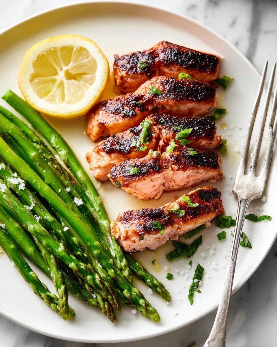 The dish shows a white plate with three main sections: the left side has a lemon wedge with bright yellow color and juicy texture; in the center there are about eight thick slices of grilled salmon with a crispy dark charred crust on top and the inside is a soft pink with some small green herb pieces sprinkled on them; on the right side a neat pile of bright green steamed asparagus spears with a shiny, smooth look and a few salt flakes on top. A silver fork with green herb leaves scattered is at the bottom right corner on the white marbled surface. photo taken with an iphone --ar 4:5 --v 7