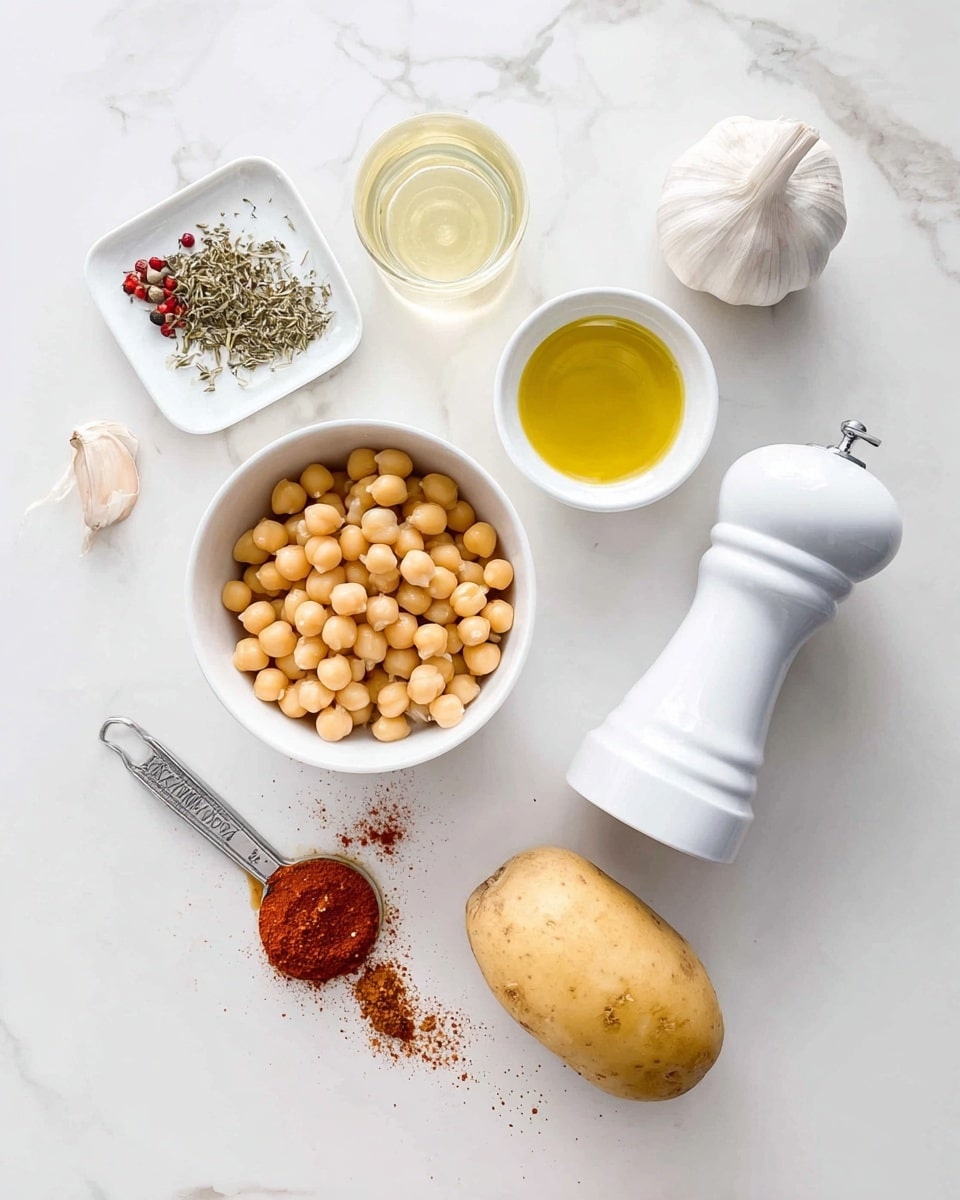 The image shows several cooking ingredients arranged neatly on a white marbled surface. There is a whole potato in the lower right corner, a bowl filled with chickpeas in liquid slightly above it, and a small white bowl containing golden olive oil to the right of the chickpeas. A clear glass with light yellow liquid is placed near the top center. To the left, there is a whole garlic bulb and a small white dish with dried herbs and red chili flakes. Below the herbs is a measuring spoon with a mound of red paprika powder. Two white salt and pepper grinders are on the right side, standing vertically. The setup is bright and clean, focusing on the natural colors and textures of the ingredients. Photo taken with an iphone --ar 4:5 --v 7