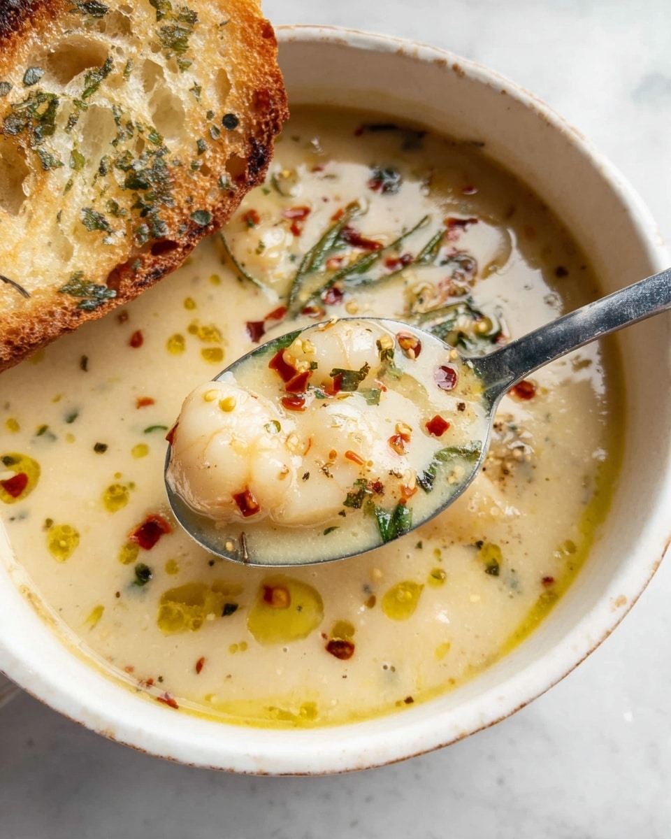 A white ceramic bowl filled with a creamy, light beige soup with visible small pieces giving it texture. On top of the soup, there are oil droplets and sprinkled herbs with red chili flakes, small green dried leaves, and black pepper. A silver spoon is lifting a spoonful of soup that shows tender, small white pieces, possibly seafood or dumplings, coated in the soup and sprinkled with the same herbs and chili. A thick piece of toasted bread, golden brown with herb specks, is resting on the edge of the bowl. The bowl is placed on a white marbled surface. photo taken with an iphone --ar 4:5 --v 7