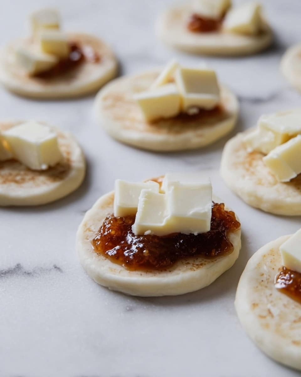 The image shows several small round dough pieces placed on a white marbled surface. Each dough circle has a layer of brown jam spread on top, and one of them is topped with small chunks of creamy white cheese placed over the jam. The dough looks soft and pale, the jam is shiny and thick, and the cheese pieces have a smooth, slightly shiny texture. The setup suggests a preparation stage for a baked or cooked snack. photo taken with an iphone --ar 4:5 --v 7