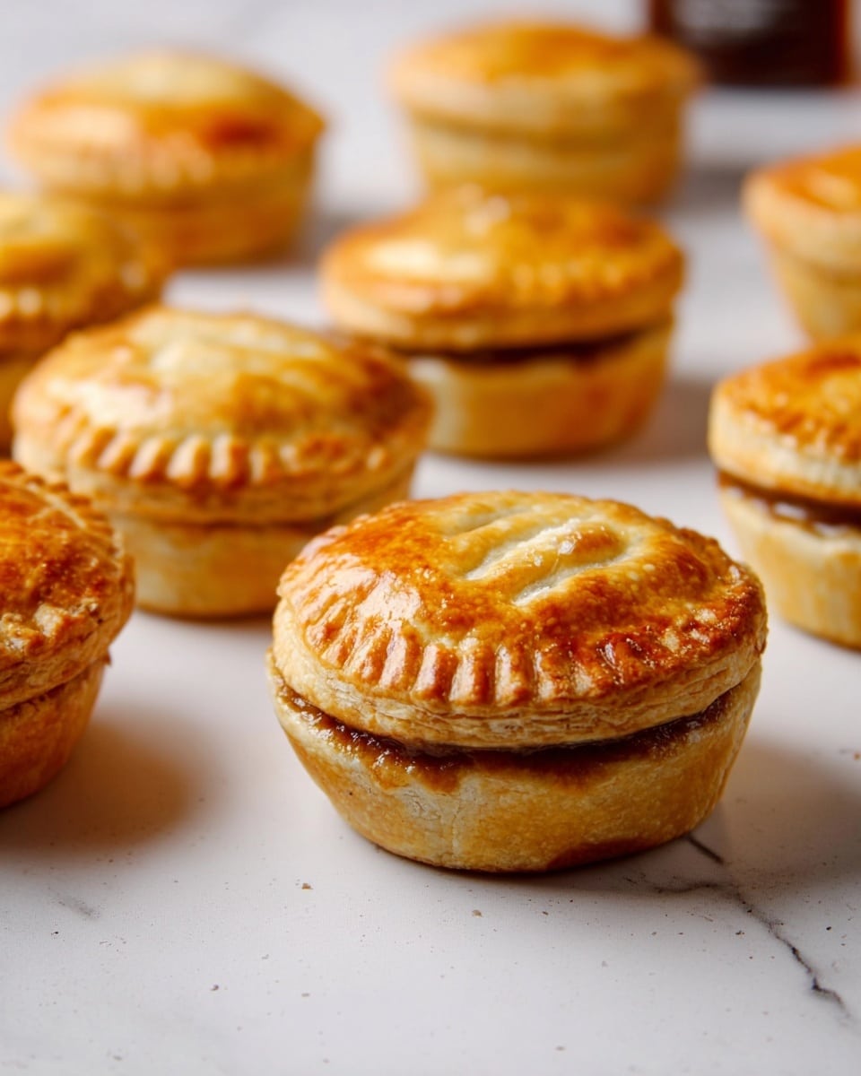 The image shows small round pies with a golden brown top, each having two layers of flaky, light brown pastry. The top layer is smooth and shiny, with small fork marks around the edges securing the layers together. Between the two pastry layers, there is a visible brown filling. The pies are placed on a white surface with a white marbled texture, scattered casually in the background and foreground, focusing on one pie in the front. The background is softly blurred, highlighting the texture and color of the pies. photo taken with an iphone --ar 4:5 --v 7