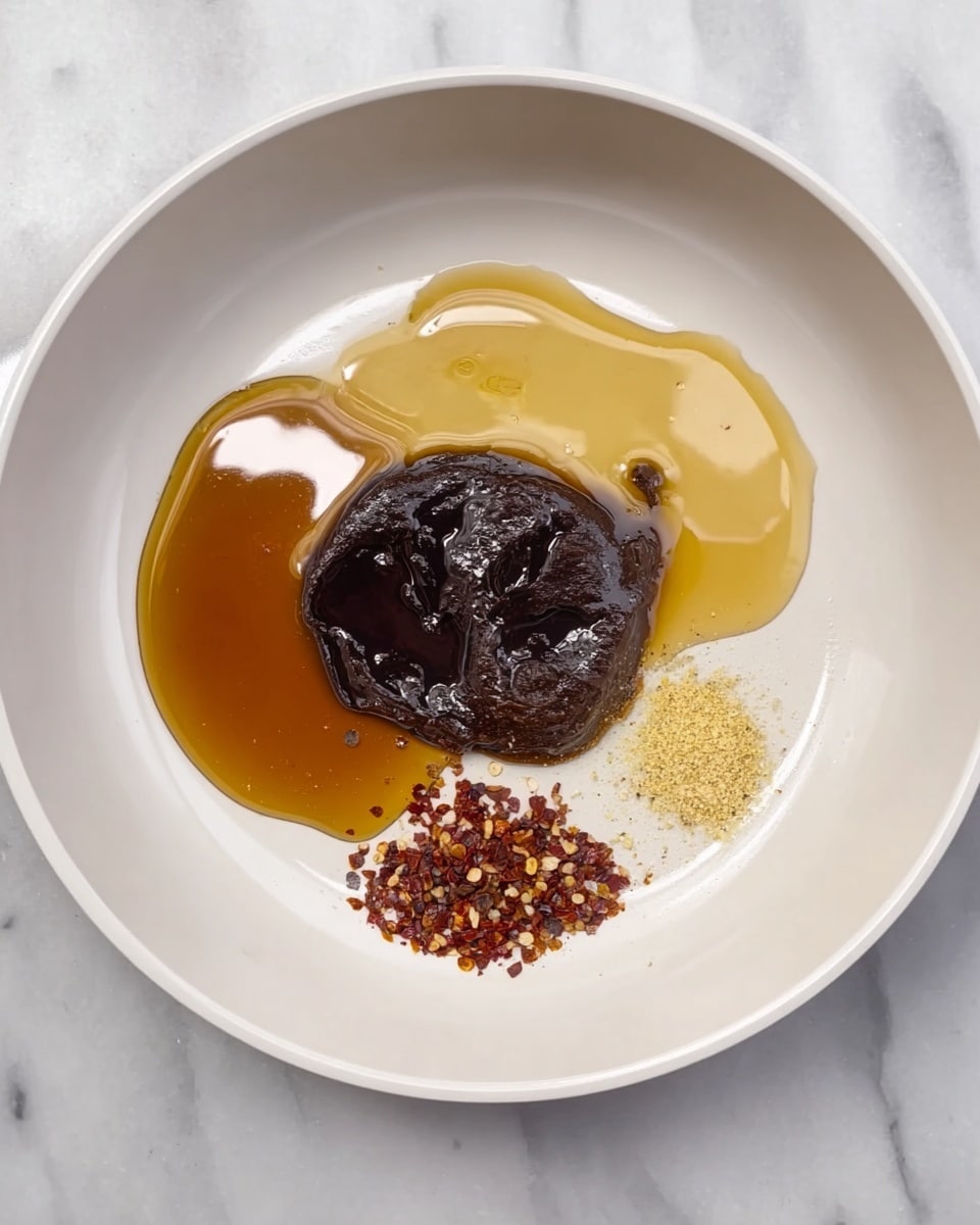 In a white pan on a white marbled surface, there are multiple liquids and spices spread in separate sections. At the top is a pale golden liquid with a shiny, smooth texture. Below it to the left is a darker amber liquid, glossy and thicker. In the center, there is a thick, shiny, dark brown paste with a slightly sticky look. To the bottom right, there are crushed red pepper flakes mixed with a small area of light yellow powder sprinkled nearby. The colors contrast well against the clean white pan. Photo taken with an iphone --ar 4:5 --v 7