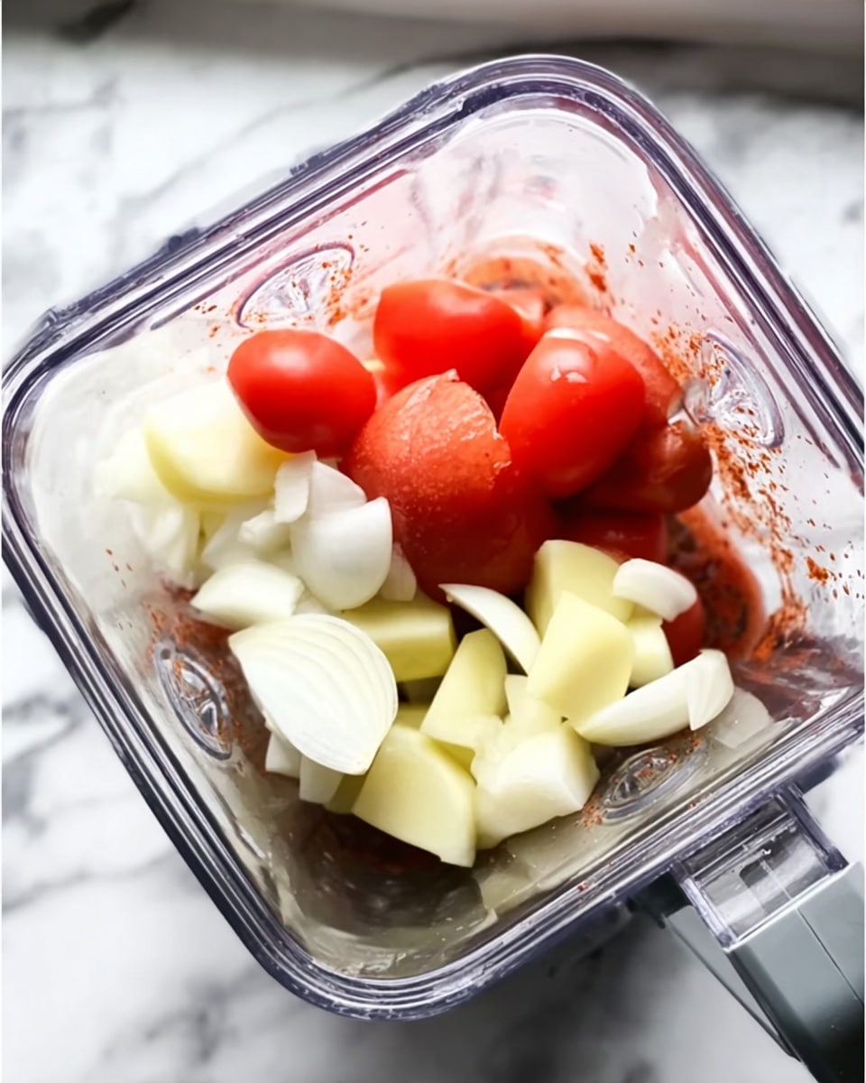 Inside a blender with clear walls, there are chopped pieces of food arranged in layers. The bottom layer has pale yellow chunks with shiny white pieces of onion on top. Above them, there are whole bright red tomatoes. The blender is resting on a white marbled surface. The lighting is natural and bright, showing the fresh textures of the vegetables. photo taken with an iphone --ar 4:5 --v 7