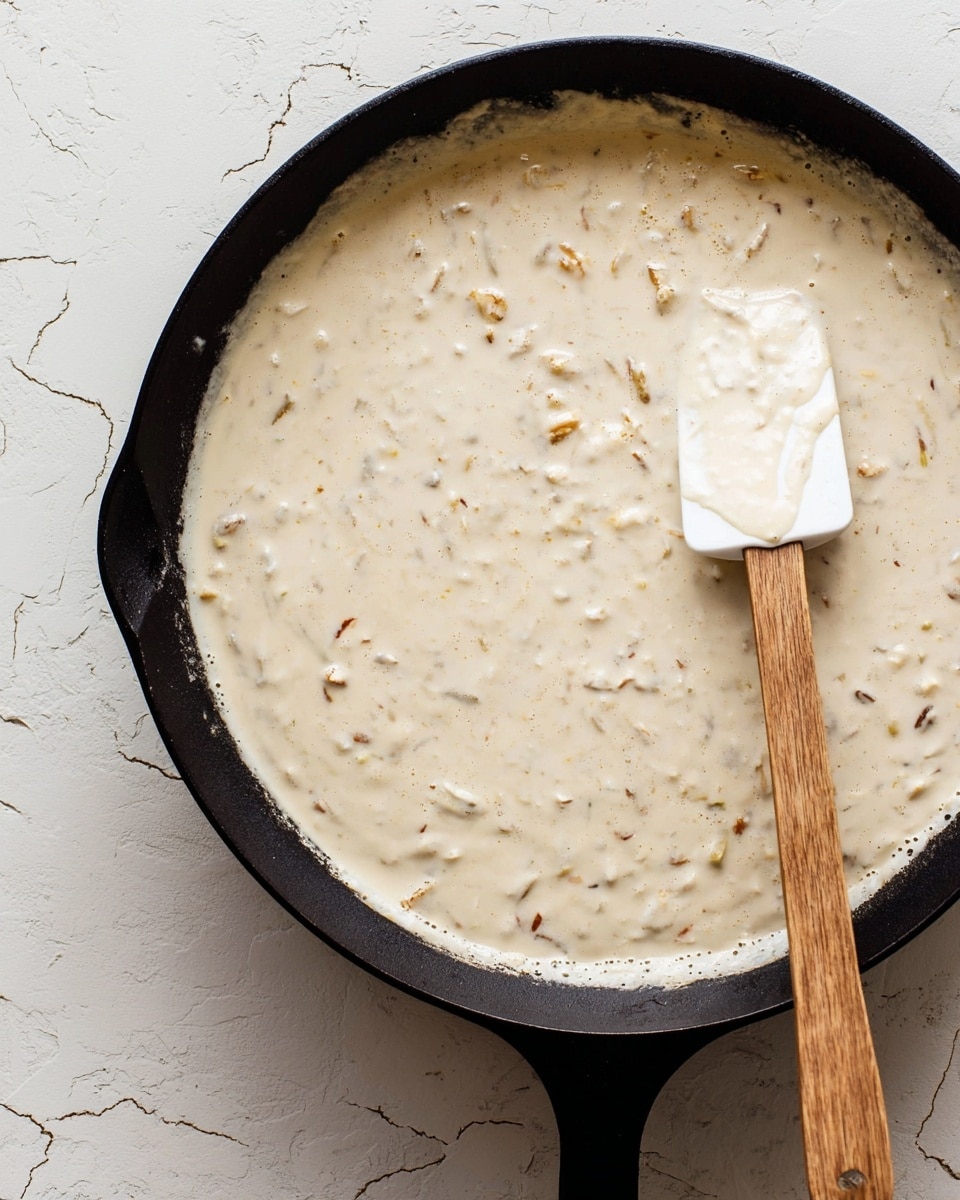 A black cast iron pan filled with thick, creamy white gravy that has small chunks and bits of light brown and beige mixed in, giving it a textured look. A white spatula with a wooden handle sits partially submerged in the gravy near the edge of the pan. The pan is set on a white marbled surface with faint grey cracks and patterns. The light shines softly, highlighting the creamy texture and the slight bubbles on the gravy's surface photo taken with an iphone --ar 4:5 --v 7