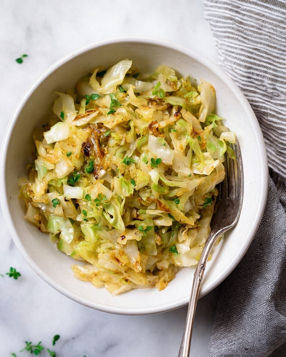 A white bowl filled with cooked shredded cabbage mixed with lightly browned onion pieces and small green herb leaves on top, showing soft and slightly translucent textures with some browned edges. Inside the bowl, there is a silver fork placed on the right side, partially inside the cabbage. The bowl sits on a white marbled surface with a gray and white striped cloth at the upper right corner and a few scattered green herbs nearby. photo taken with an iphone --ar 4:5 --v 7
