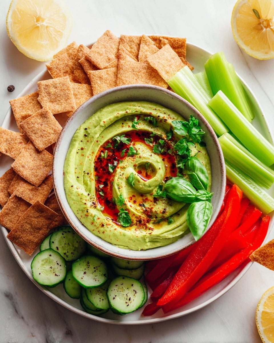 A white plate on a white marbled texture holds a bowl of green hummus with a smooth creamy texture, swirled with red chili oil and topped with green parsley leaves and a basil leaf. Around the bowl, there is a circle of light brown, square-shaped crackers at the top left, bright green celery sticks to the top right, triangular light brown pita chips to the right, bright red bell pepper strips at the bottom, and round green cucumber slices dusted with black pepper to the left. Two lemon wedges are placed near the top edge of the plate. photo taken with an iphone --ar 4:5 --v 7