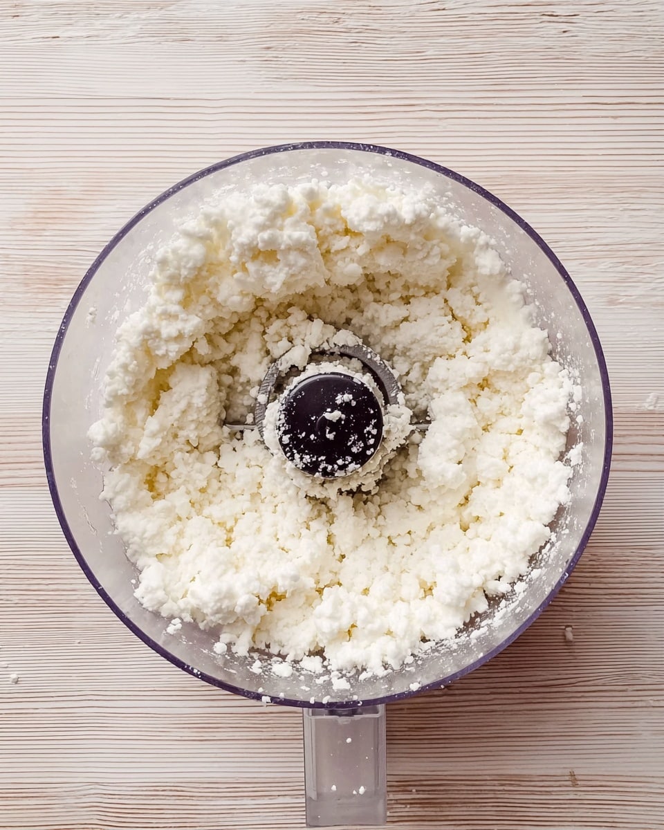 A top view of a clear food processor bowl filled with crumbly white curd-like mixture. The texture looks soft and grainy, almost like small snow clusters. The food processor blade and center piece are visible in the middle but partly covered by the mixture. The bowl rests on a light wooden surface with faint stripes of brown. Some small bits of the white mixture are stuck to the side walls of the bowl. photo taken with an iphone --ar 4:5 --v 7