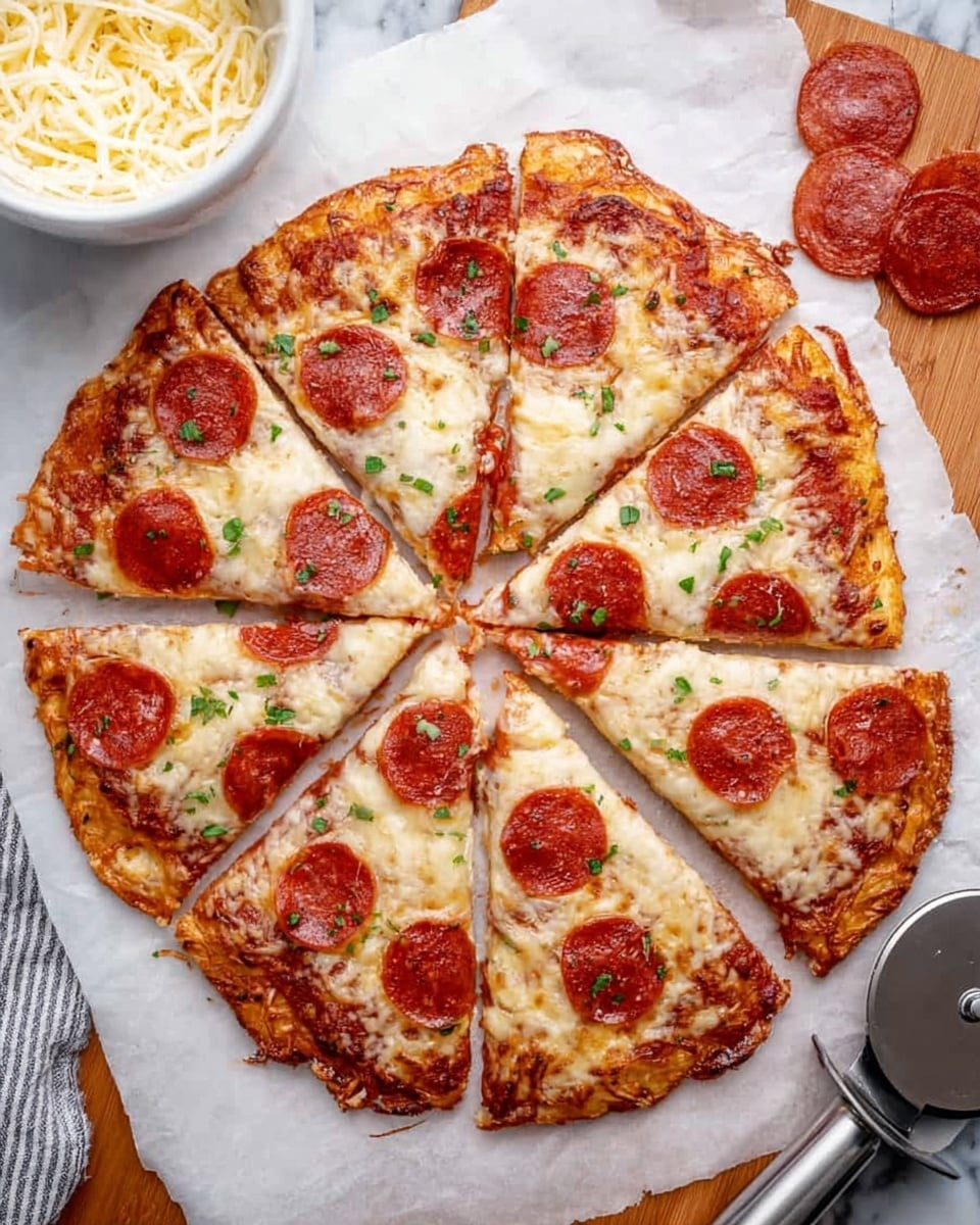 A round pizza cut into eight slices sits on white parchment paper over a wooden surface. The pizza has a golden brown crust with a slightly crispy texture. The first layer is a reddish tomato sauce evenly spread on the crust. The second layer is melted cheese with a mix of white and light yellow, slightly browned in spots, covering the sauce. On top, there are circular red pepperoni slices, each with a shiny, oily texture. Small green herb pieces are scattered lightly over the pizza. To the left near the pizza, there is a white bowl filled with shredded cheese, and a few pepperoni slices rest beside it. A metal spatula is partly visible at the right edge of the image. The photo is taken on a white marbled texture. Photo taken with an iphone --ar 4:5 --v 7
