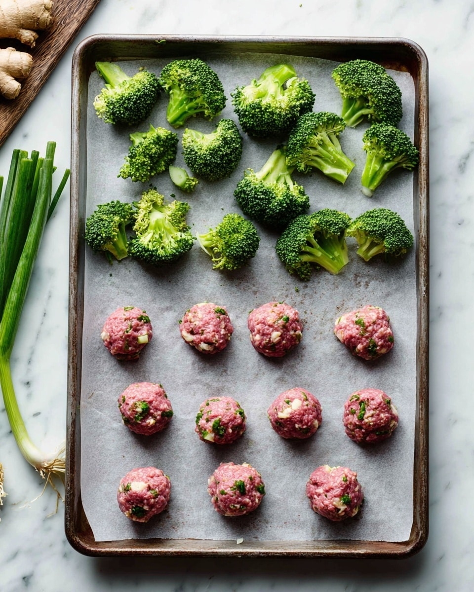 A metal baking tray placed on a white marbled surface holds evenly spaced raw meatballs and broccoli florets on a sheet of parchment paper. The meatballs, in three rows near the bottom half, are round and pink with bits of green herbs and white pieces mixed in. Above the meatballs, scattered bright green broccoli florets show a mix of textures, with dense, bumpy tops and smoother stalks. To the left on the marbled surface, fresh ginger and green onions are partially visible. photo taken with an iphone --ar 4:5 --v 7