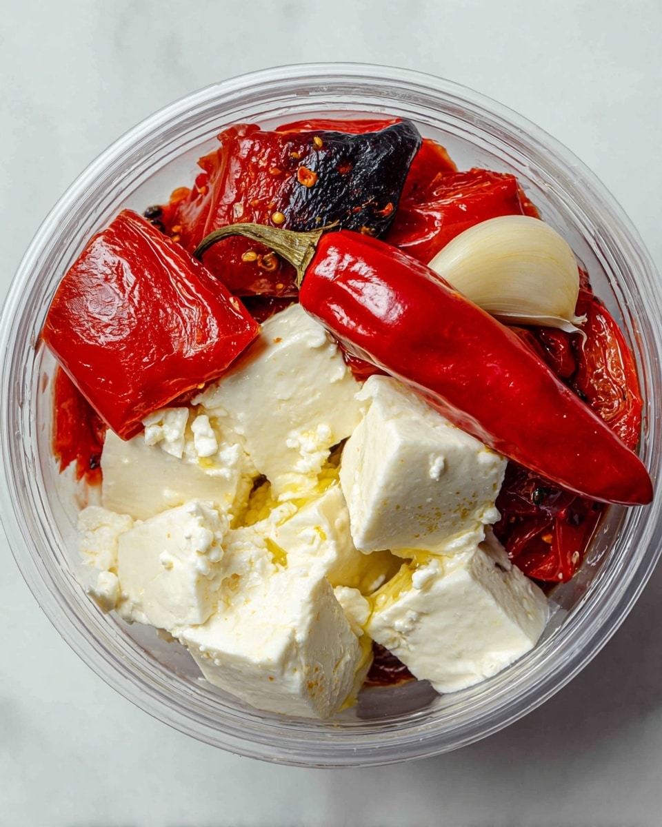 A clear round container holds a mix of ingredients with distinct layers. On the left, there are bright red roasted peppers with a shiny, slightly wrinkled texture, and some charred spots. On the right side, large chunks of soft white cheese fill the space, showing a crumbly texture with slight yellow oil drops on top. A long, glossy red chili pepper lies across the cheese, adding contrast. Near the top of the cheese, a whole peeled garlic clove rests neatly. The container sits on a white marbled surface. Photo taken with an iphone --ar 4:5 --v 7