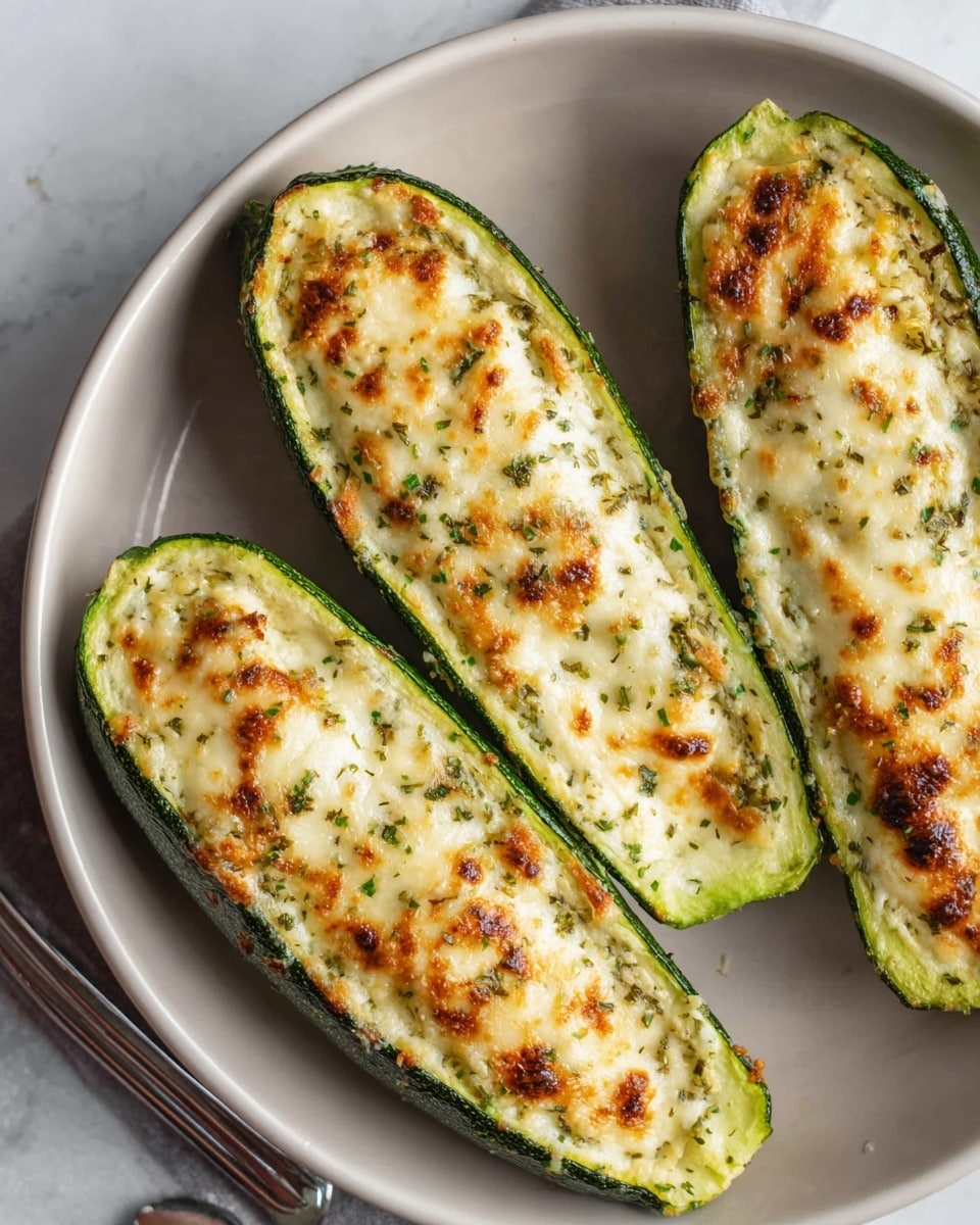 The image shows three zucchini halves placed close together in a round white plate. Each zucchini is hollowed out and filled with a creamy, lightly browned cheese mixture on top, which has a slightly golden, bubbly texture with some herbs sprinkled throughout. The zucchini skin is green and contrasts with the white and golden cheese filling. The plate rests on a white marbled surface with a small part of a metal fork visible near the bottom edge. The scene is brightly lit, highlighting the textures and colors of the stuffed zucchini. photo taken with an iphone --ar 4:5 --v 7