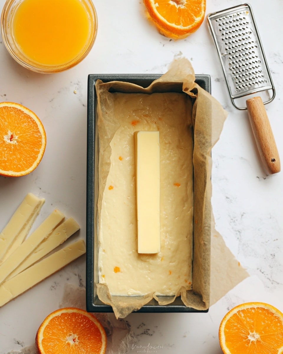 A rectangular black baking tin lined with parchment paper contains one layer of light beige batter that is smooth with a few small lumps and orange specks, with a single long strip of pale yellow butter placed vertically in the middle. Surrounding the tin on a white marbled surface are a whole orange to the left, half an orange on a metal grater with a wooden handle to the upper right, a small glass bowl filled with bright orange juice at the top left, and several long butter sticks on parchment paper at the bottom left. Another half orange lies at the bottom right. The scene is bright with soft natural light. photo taken with an iphone --ar 4:5 --v 7