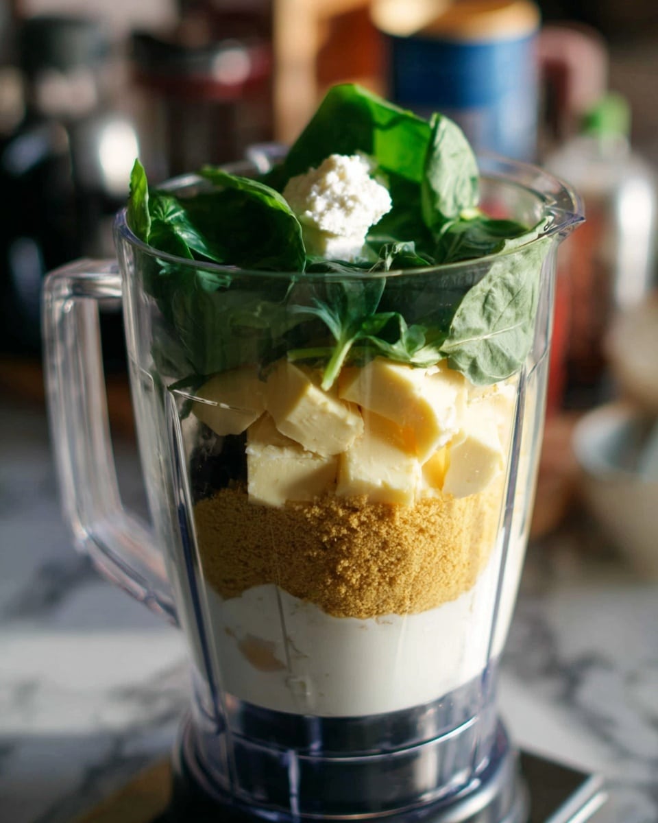 In a clear blender jar, layers of ingredients are visible from bottom to top: first a thick white base, above it a golden crumbly layer, then several pale yellow chunks of butter, and fresh dark green basil leaves scattered on top, with a small dollop of soft white cheese at the center. The blender is placed on a white marbled surface, with kitchen items blurred in the background, and a woman's hand just touching the blender handle. The lighting is warm, showing textures clearly and naturally. photo taken with an iphone --ar 4:5 --v 7