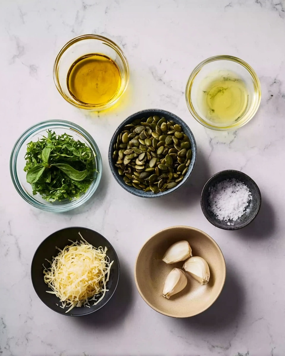 The image shows seven small bowls arranged on a white marbled surface. The top left bowl is clear glass and holds a golden yellow oil. To its right, a smaller clear glass bowl contains a light yellow liquid. Next to it on the right, a dark bowl is filled with green pumpkin seeds. Below the oil bowl, a clear glass bowl holds fresh green chopped herbs. In the center at the bottom, a small beige bowl contains shredded pale yellow cheese. To its right, a black bowl has two peeled garlic cloves. Finally, a small beige bowl on the far right contains white salt. Photo taken with an iphone --ar 4:5 --v 7
