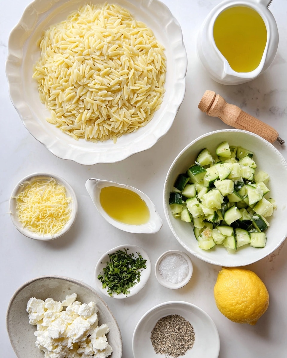 The image shows a white bowl filled with light yellow cooked orzo pasta, placed on a white marbled surface. Nearby, there is a white scalloped bowl with pale yellow lemon juice, a small white dish with finely grated yellow lemon zest, and a small white pitcher filled with golden olive oil. A white plate holds crumbled white feta cheese, while another white bowl contains chopped cucumber with dark green skin and pale green inside pieces. Two small white dishes hold finely chopped green herbs, one darker and the other lighter, with a small gray bowl containing white salt and black pepper. A wooden lemon reamer rests beside a half lemon with pale yellow flesh. photo taken with an iphone --ar 4:5 --v 7