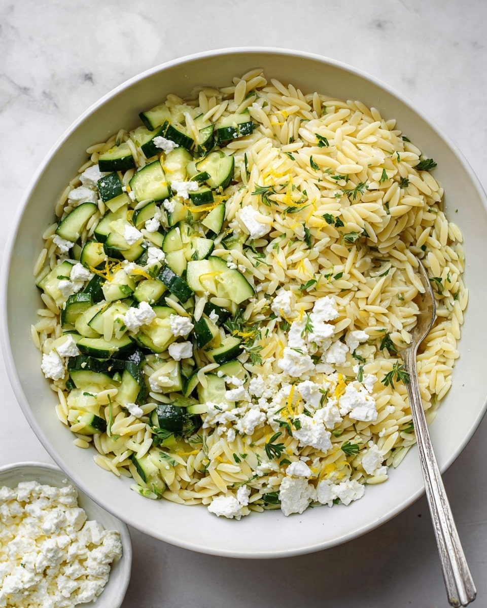 A large white bowl filled with three layers: the bottom layer is pale yellow orzo pasta with a smooth and soft texture, the middle layer has chopped green cucumber pieces with dark green skin and a fresh crunchy look, and the top layer is white crumbled feta cheese scattered unevenly, mixed with small green herb bits and thin strips of yellow lemon zest; a silver spoon is partially buried on the right side inside the bowl, and the bowl sits on a white marbled surface with a small white dish of extra feta cheese nearby photo taken with an iphone --ar 4:5 --v 7