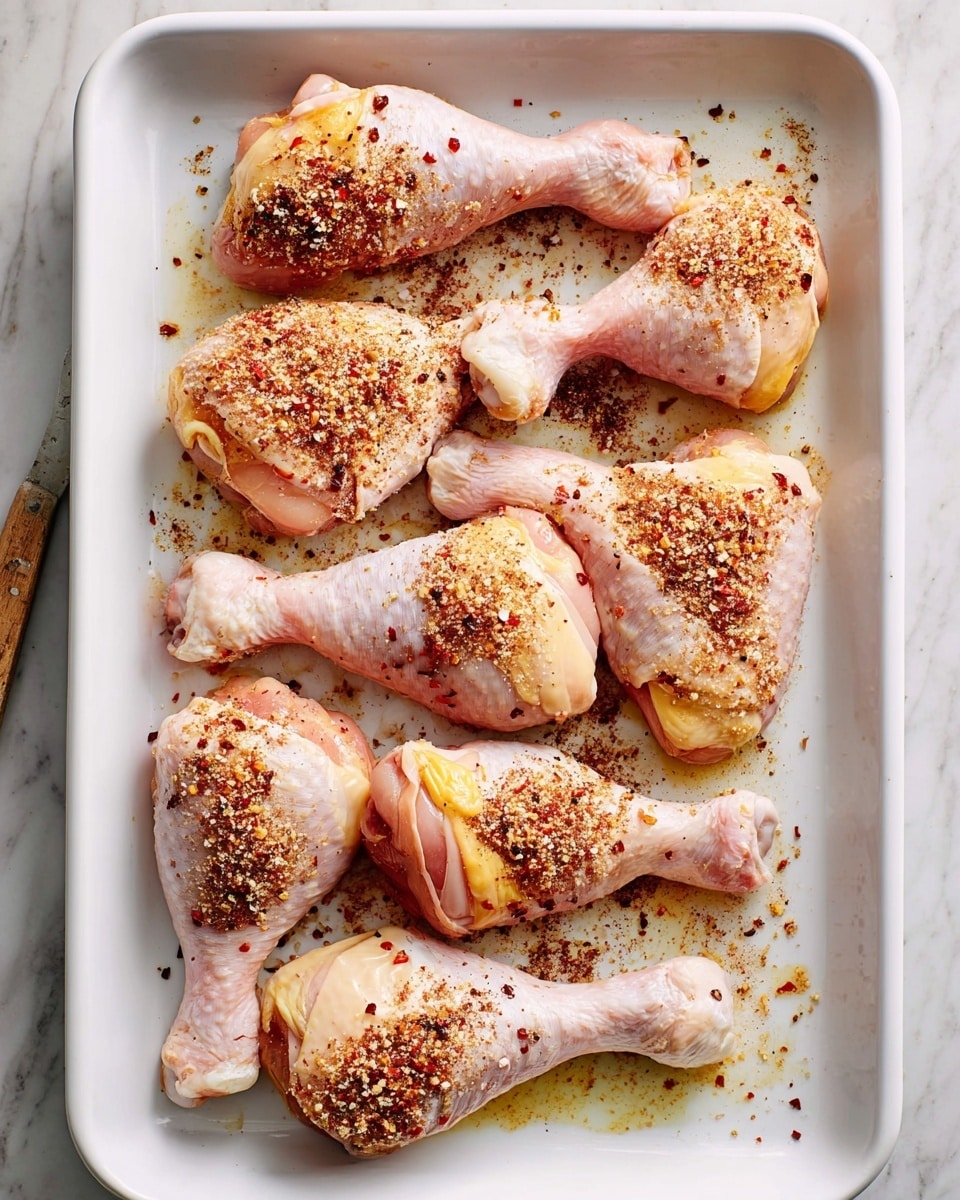 The image shows a white baking tray with ten raw chicken drumsticks arranged in two vertical rows. Each drumstick has a light pink color with some yellow fat patches and is covered with a layer of seasoning that includes brownish-red spices, coarse salt, and small red pepper flakes scattered mainly on the upper thicker part of the meat. The drumsticks have a slightly shiny texture due to a thin layer of oil visible on the tray and chicken skins. The tray is placed on a white marbled surface with some seasoning scattered around the edges. photo taken with an iphone --ar 4:5 --v 7