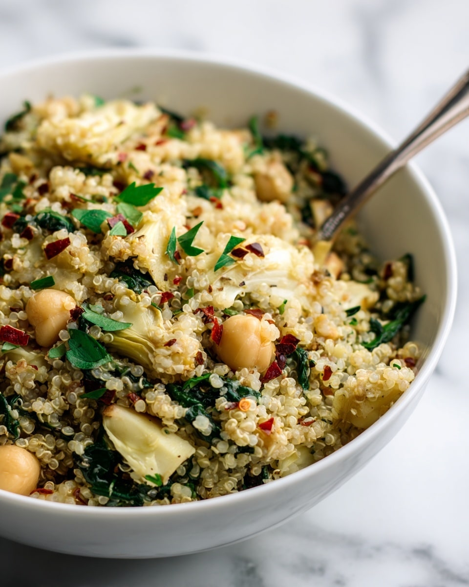 A close-up image of a white bowl filled with a spinach artichoke quinoa casserole. The dish has small fluffy quinoa grains mixed with chunks of artichoke hearts and chickpeas. There are visible pieces of cooked spinach, some fresh green herbs sprinkled on top, and small red chili flakes for color. A silver spoon is partially submerged in the casserole inside the bowl. The background is a white marbled surface. photo taken with an iphone --ar 4:5 --v 7