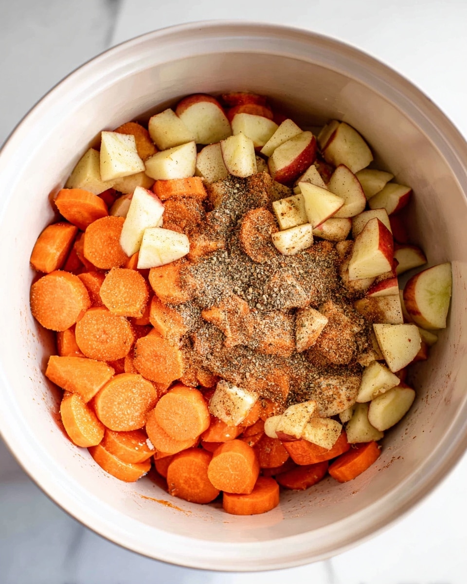 In a white pot, there are three layers of ingredients visible. The bottom layer is made of small round orange carrot slices with a smooth texture. On top of the carrots, there is a layer of chopped apple pieces, light yellow with hints of red skin, showing a rough, fresh texture. Finally, the top layer is sprinkled with fine brown and black spices scattered unevenly, giving a textured and powdery look. The pot sits on a white marbled surface. Photo taken with an iphone --ar 4:5 --v 7